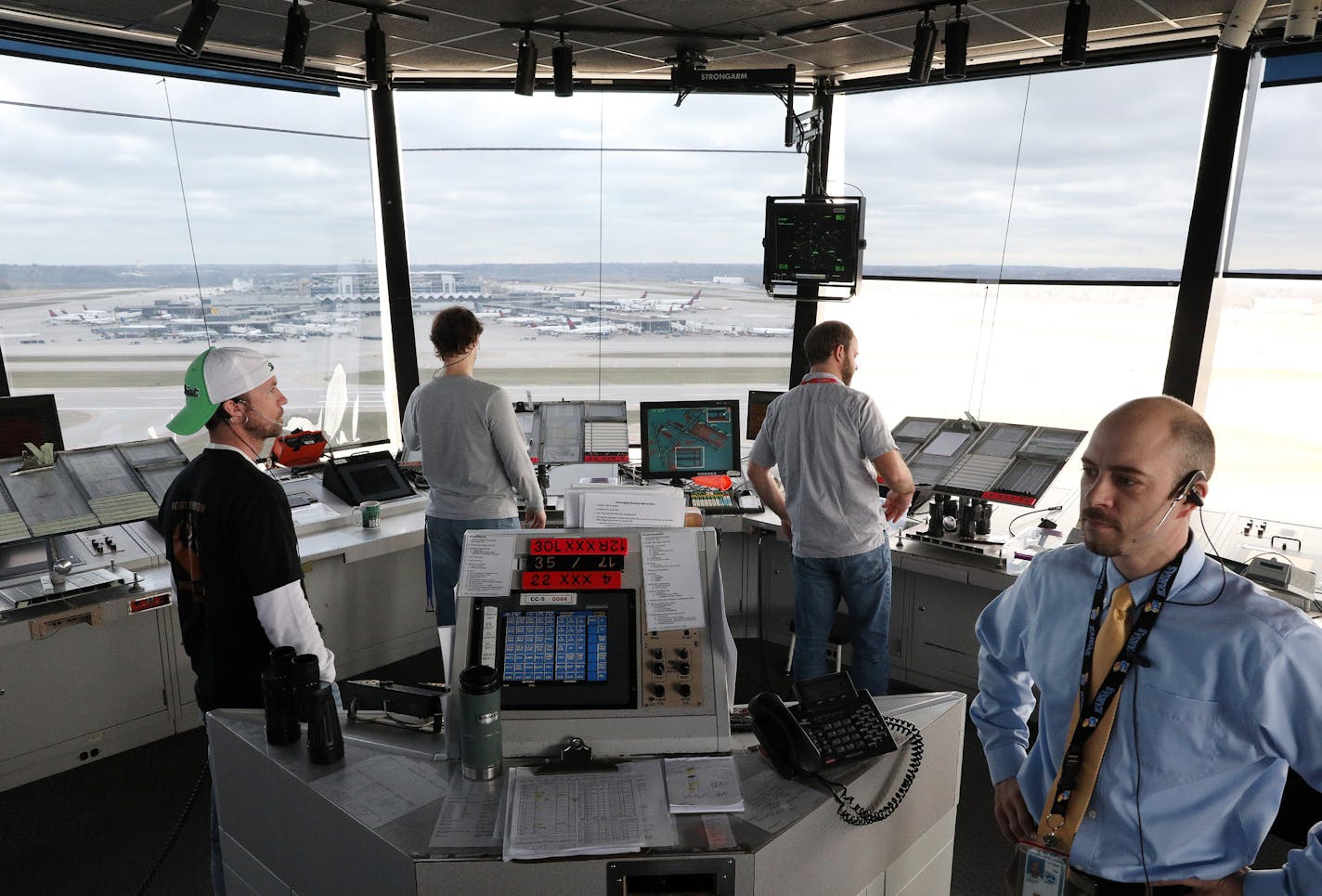 Air traffic controllers, including Justin Langerud, right, worked from the control tower Tuesday. ] ANTHONY SOUFFLE &#xef; anthony.souffle@startribune.com NOTE: Dwyer's title coming.
The Federal Aviation Administration demonstrated its new Next Generation Air Transportation System to members of the media Tuesday, April 11, 2017 at Minneapolis-St. Paul International Airport.