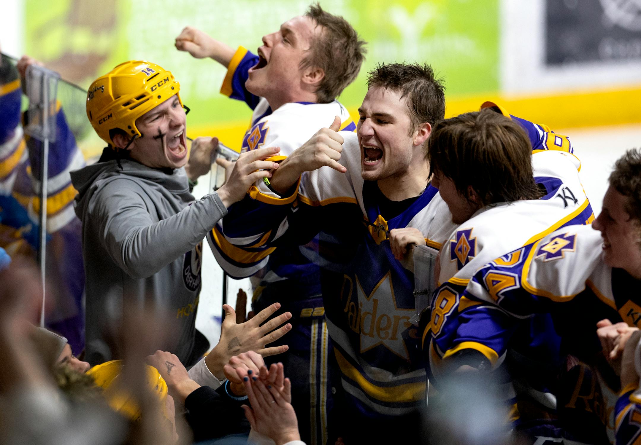 Cretin-Derham Hall players celebrate with the student section at the end of the boy's hockey section 3 Class 2A Finals.