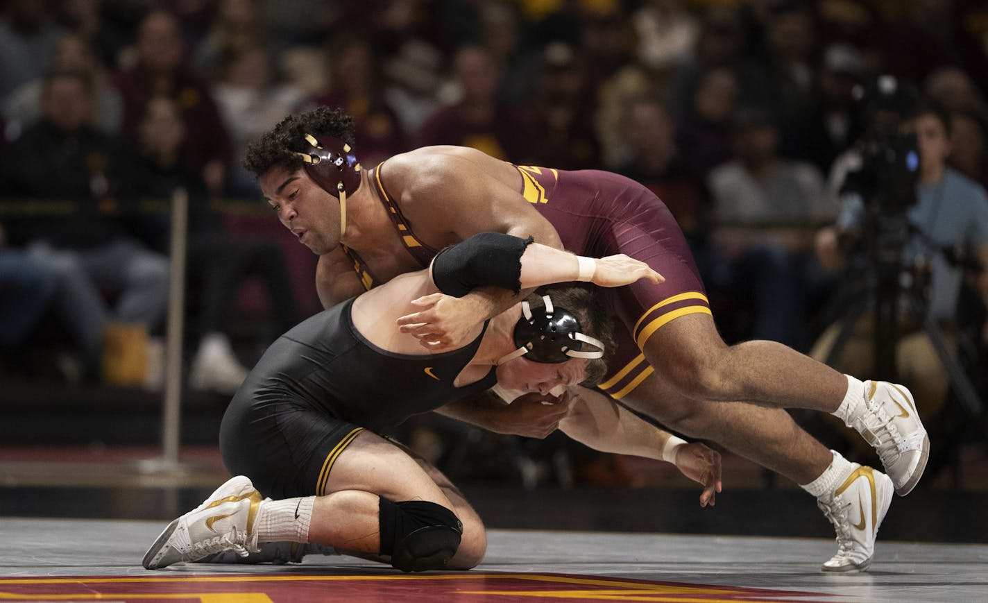 Minnesota heavy weight Gable Steveson takes down Iowa's Aaron Costello for tow points at Maturi Pavilion Sunday January 13, 2019 in Minneapolis, MN.] The University of Minnesota hosted Iowa at Maturi Pavilion. Jerry Holt &#x2022; Jerry.holt@startribune.com