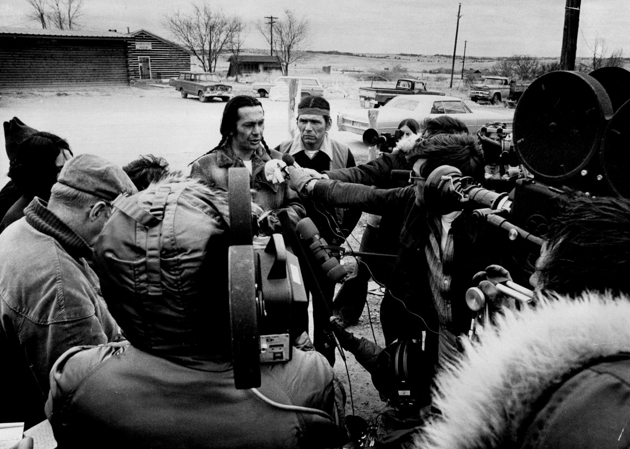 March 25, 1973: Russell Means and Dennis Banks held a press conference at Wounded Knee.