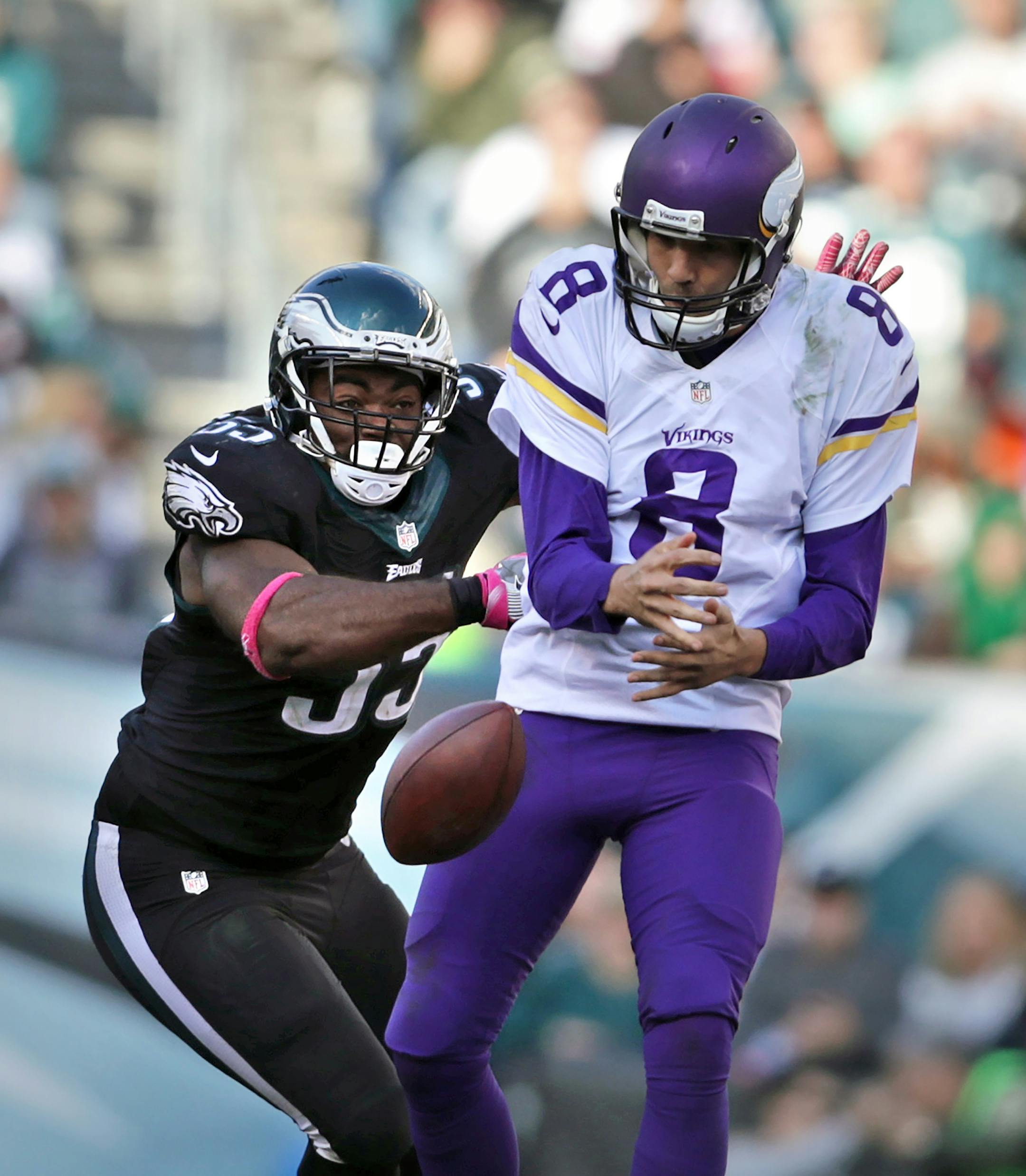 Vikings quarterback Sam Bradford had a bad day. Here, he fumbles the ball after being hit hard by Eagles Brandon Graham in the 4th quarter. Bradford recovered the ball on this play.