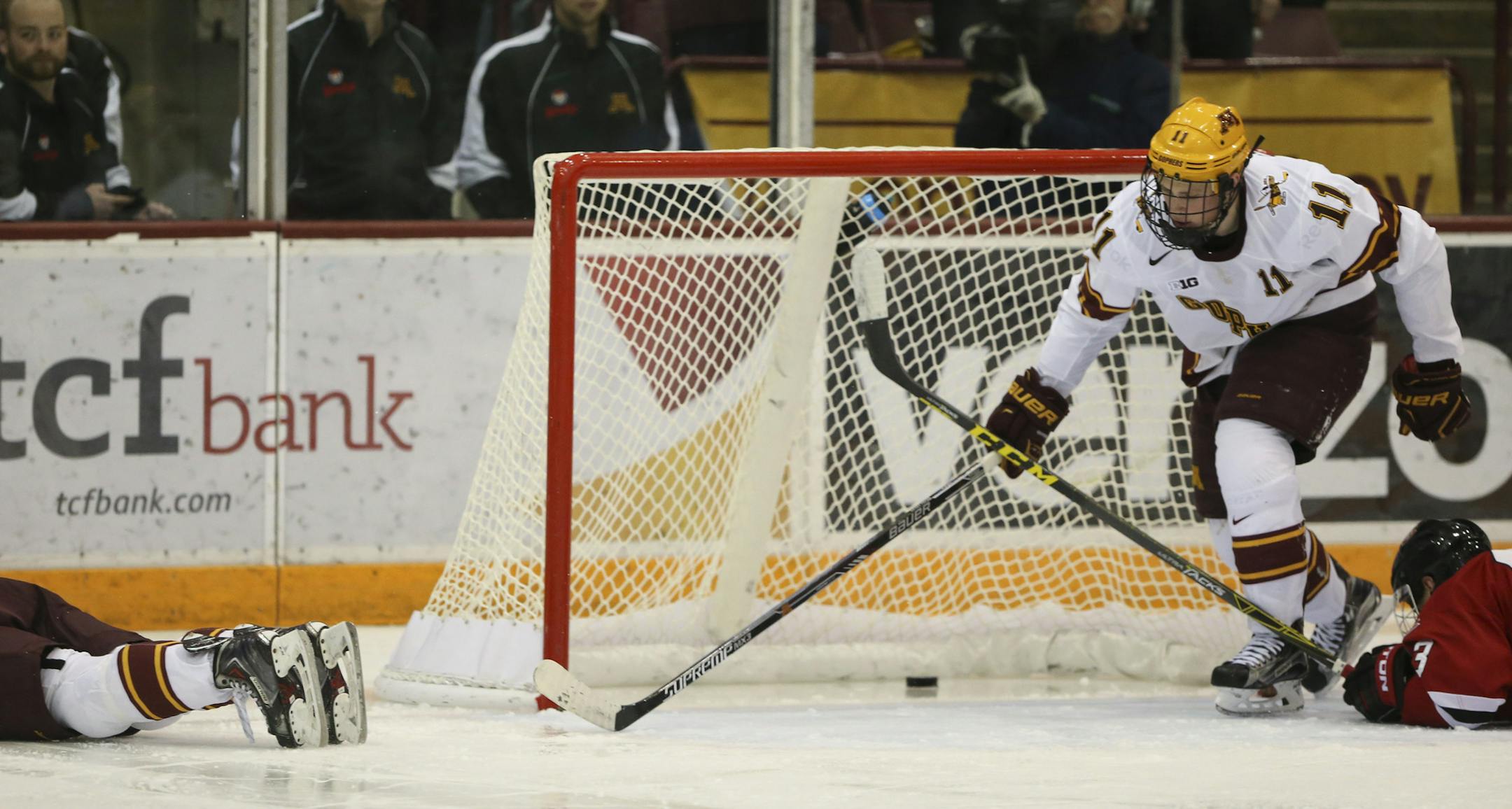 University of Minnesota defender Nick Seeler (11) was too late to help after a goal by St. Cloud forward Judd Peterson (18) in the second period Sunday night. ] JEFF WHEELER ï jeff.wheeler@startribune.com The University of Minnesota Gophers faced the St. Cloud State Huskies Sunday afternoon, November 29, 2015 at Mariucci Arena in Minneapolis.