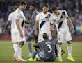 Loons defender Ike Opara, who was a key acquisition by Minnesota United this season, shook hands with L.A. Galaxy pkayers after Sunday's playoff loss.