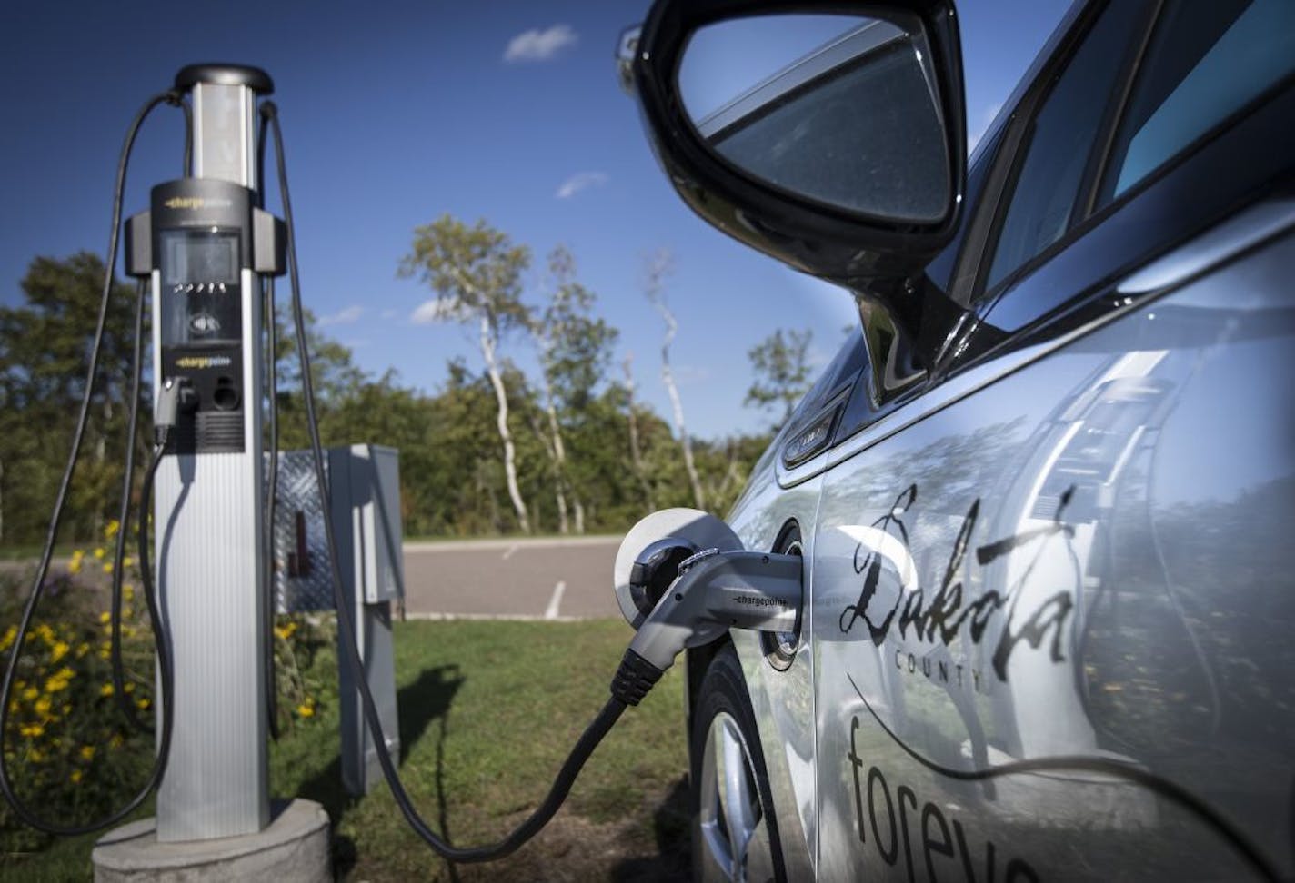 The electric car charging stations at Lebanon Hills Regional Park on Monday, September 21, 2015 in Eagan, Minn.