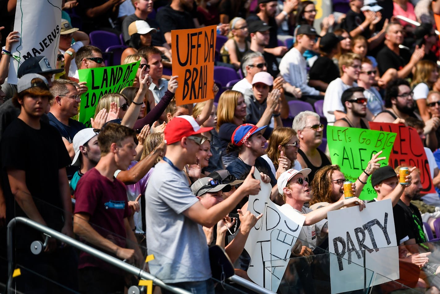 Fans of Rochester's Alec Majerus cheered him on during his second run in the X Games skateboard street qualifiers Friday afternoon.