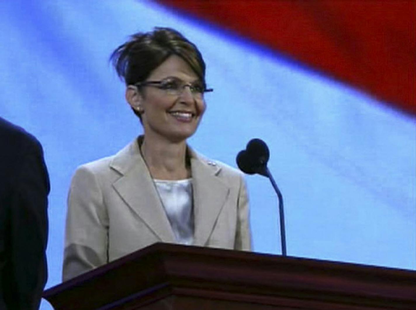 In this image rendered from video and provided by ABC News, Sarah Palin stood at the podium during a walkthrough at the Republican National Convention in St. Paul today.