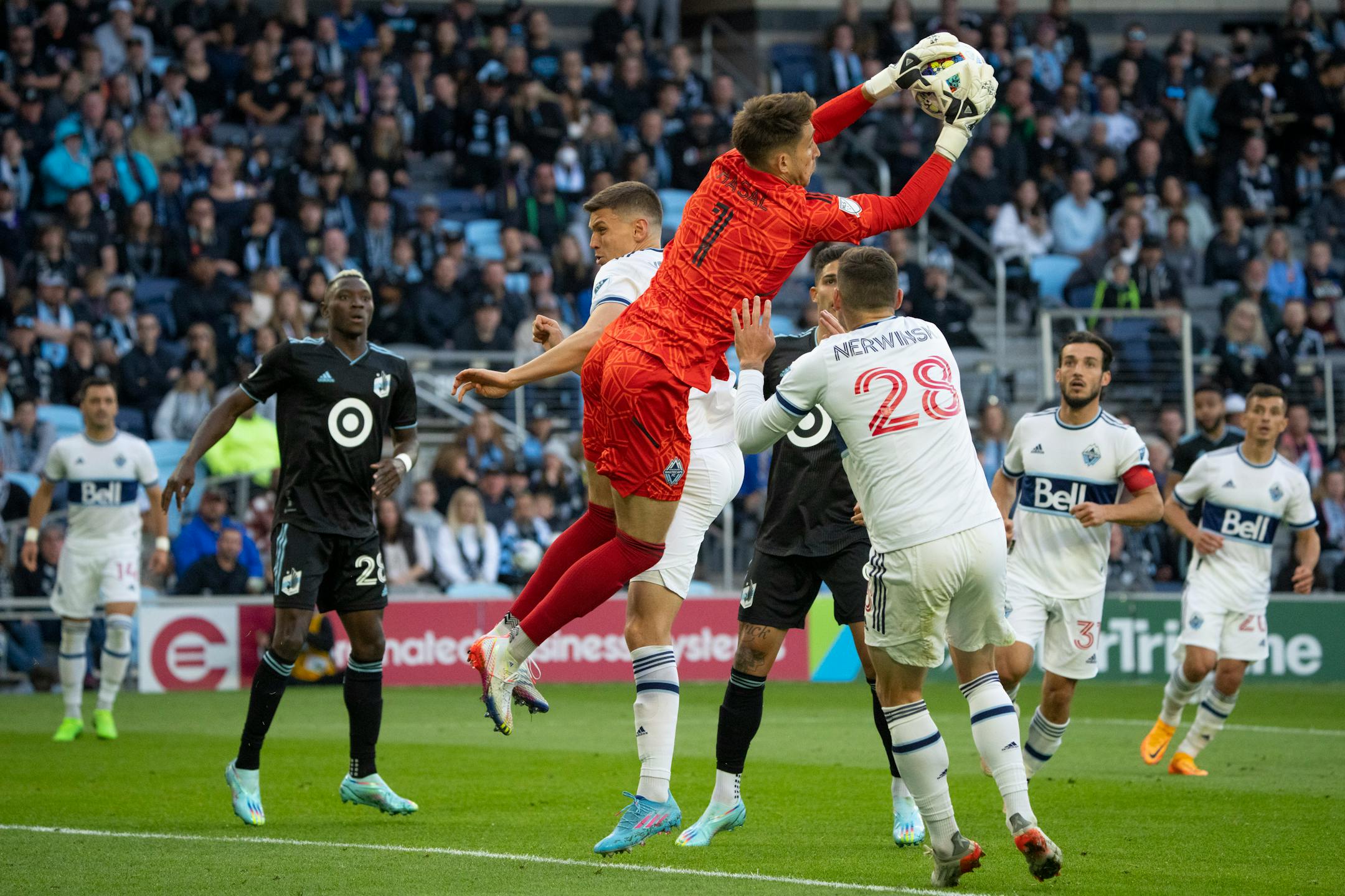 Vancouver Whitecaps goalkeeper Thomas Hasal (1) made a save in the second half of their game.