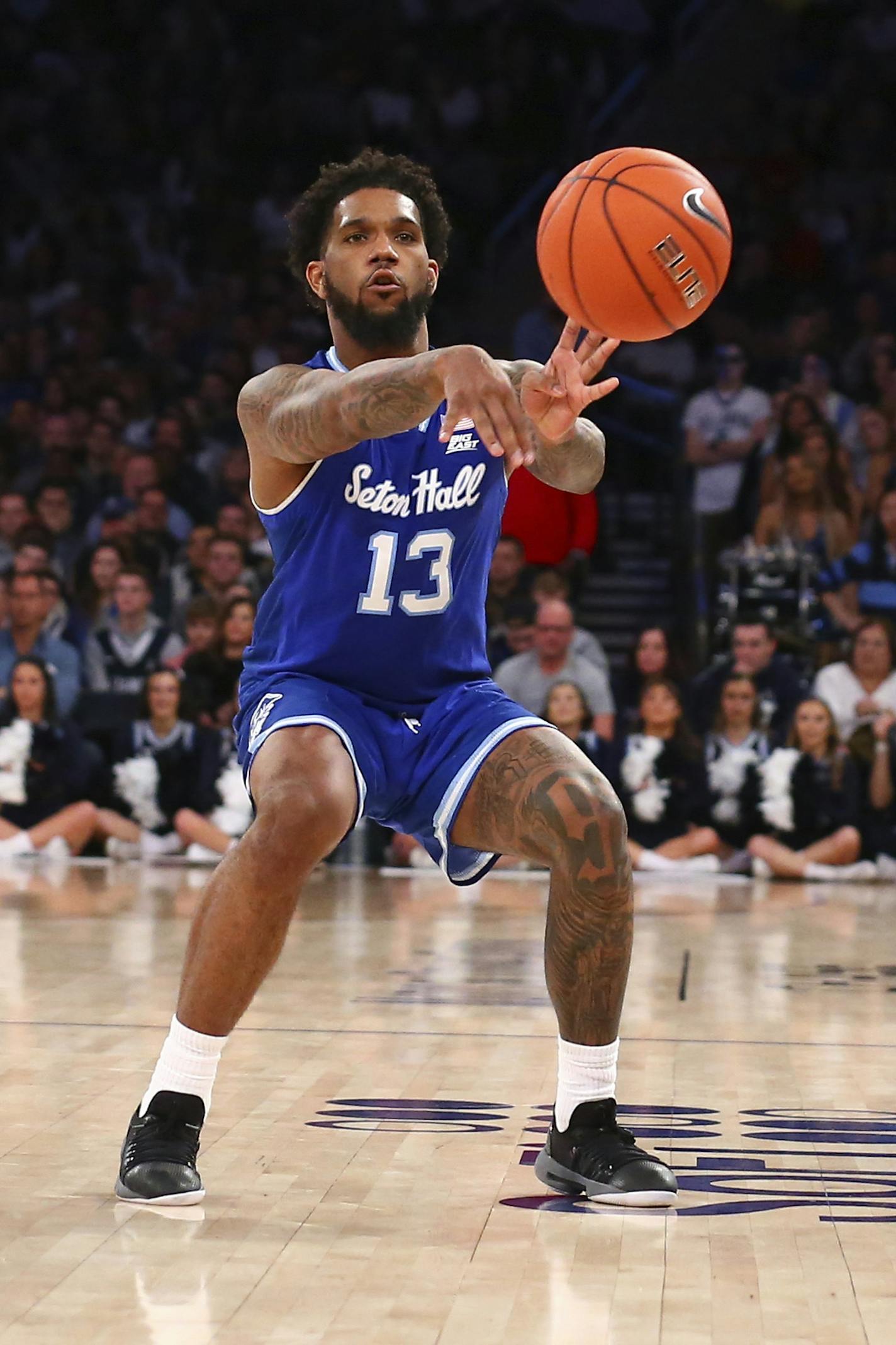 NEW YORK, NY - MARCH 16: Seton Hall Pirates guard Myles Powell (13) controls the ball during the Big East Conference Championship college basketball game between the Villanova Wildcats and the Seton Hall Pirates on March 16, 2019 at Madison Square Garden in New York, NY. (Photo by Rich Graessle/Icon Sportswire) (Icon Sportswire via AP Images) ORG XMIT: 336675