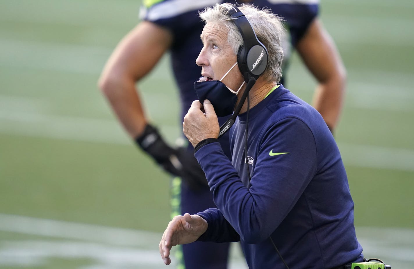 Seattle Seahawks head coach Pete Carroll reacts on the sidelines during the second half of an NFL football game against the Dallas Cowboys, Sunday, Sept. 27, 2020, in Seattle. (AP Photo/Elaine Thompson)