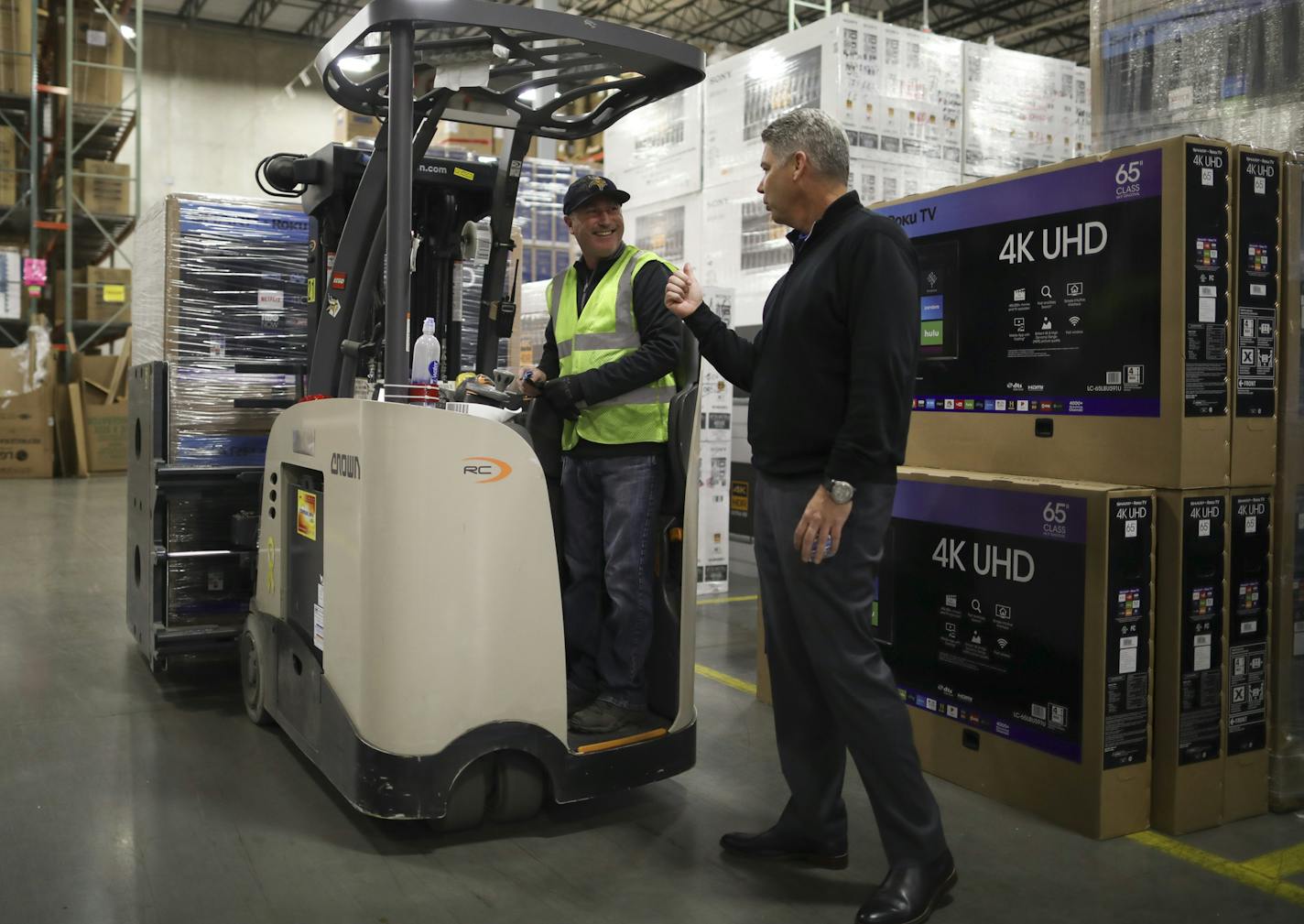 Rob Bass, Best Buy's Chief Supply Chain Officer, visited with lift driver Todd Lothert while leading a tour of the company's Bloomington distribution center Monday afternoon. He stood in a section of the warehouse dominated by large televisions and appliances. ] JEFF WHEELER &#xef; jeff.wheeler@startribune.com Best Buy opened up their 581,100 square foot distribution center for a tour just as it went into 24 hour-a-day operation while ramping up for the holiday sales crush. Rob Bass, Chief Suppl