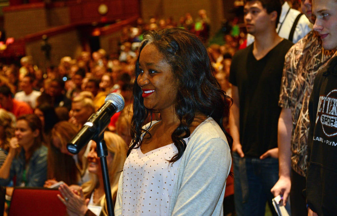 Joecelia Dalmeida a senior at Champlin Park High wants to be a lawyer and asked a question of the Minnesota Supreme Court The Minnesota Supreme Court convened at Champlin Park High School in Champlin, Minn., today in an effort to open the doors of the Judicial Branch to the public. More than 850 students from the area schools watched the court in action.] Richard.Sennott@startribune.com Richard Sennott/Star Tribune Champlin Minn. Thursday 5/12/2014) ** (cq)