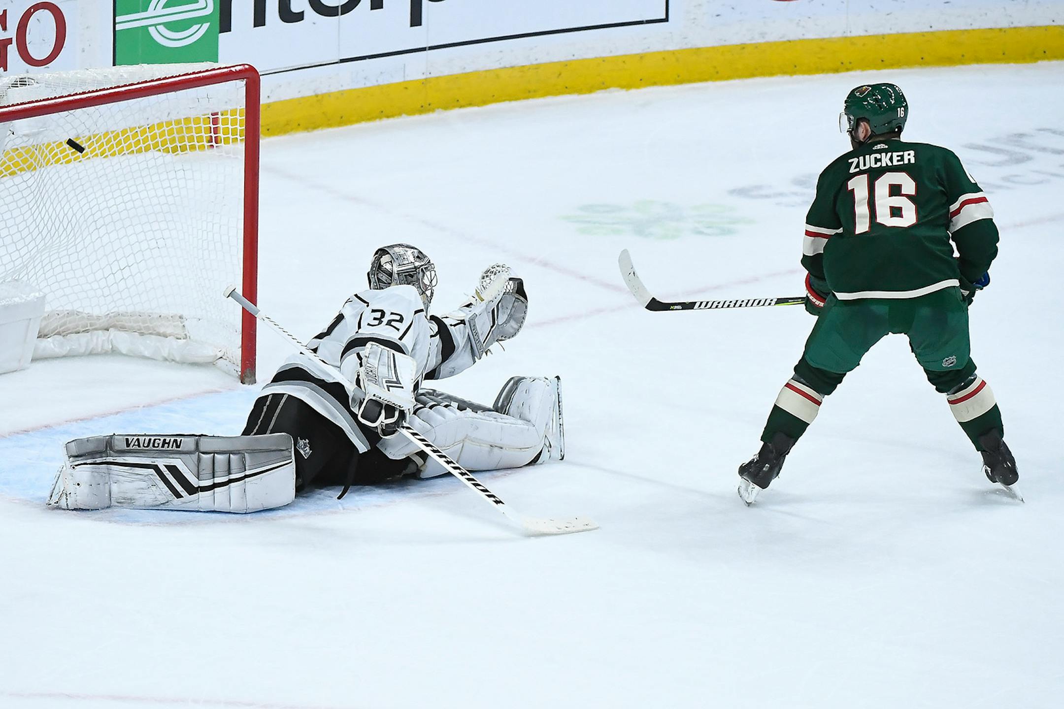 Jason Zucker scores the game-winning goal in a shootout against Los Angeles Kings goaltender Jonathan Quick at Xcel Energy Center