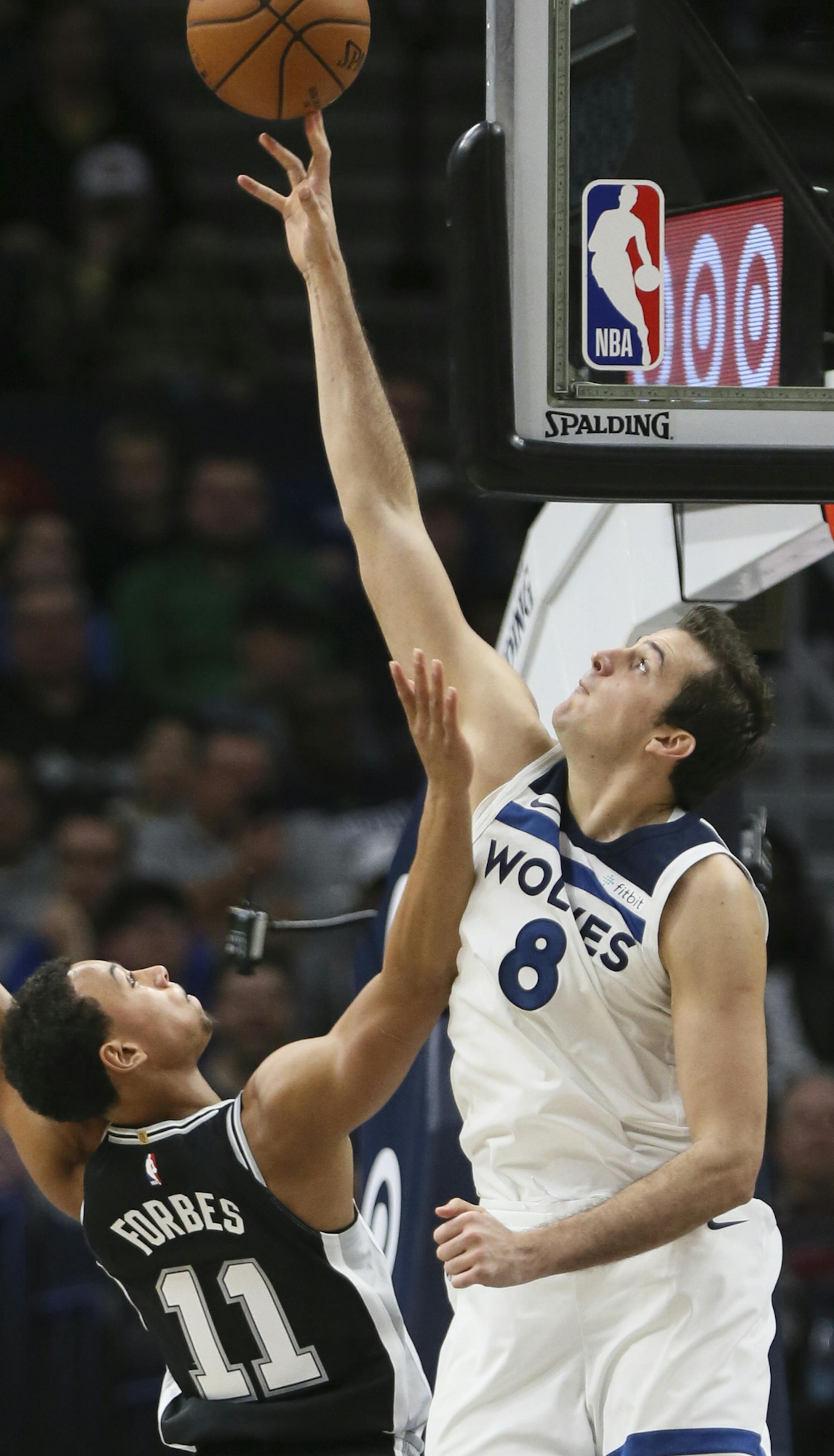 Minnesota's Nemanja Bjelica (8) blocked a shot by San Antonio's Bryn Forbes (11) in the second half. ] RENEE JONES SCHNEIDER &#xa5; renee.jones@startribune.com The Minnesota Timberwolves hosted the San Antonio Spurs at the Target Center in Minneapolis, Minn., on Wednesday, November 15, 2017.