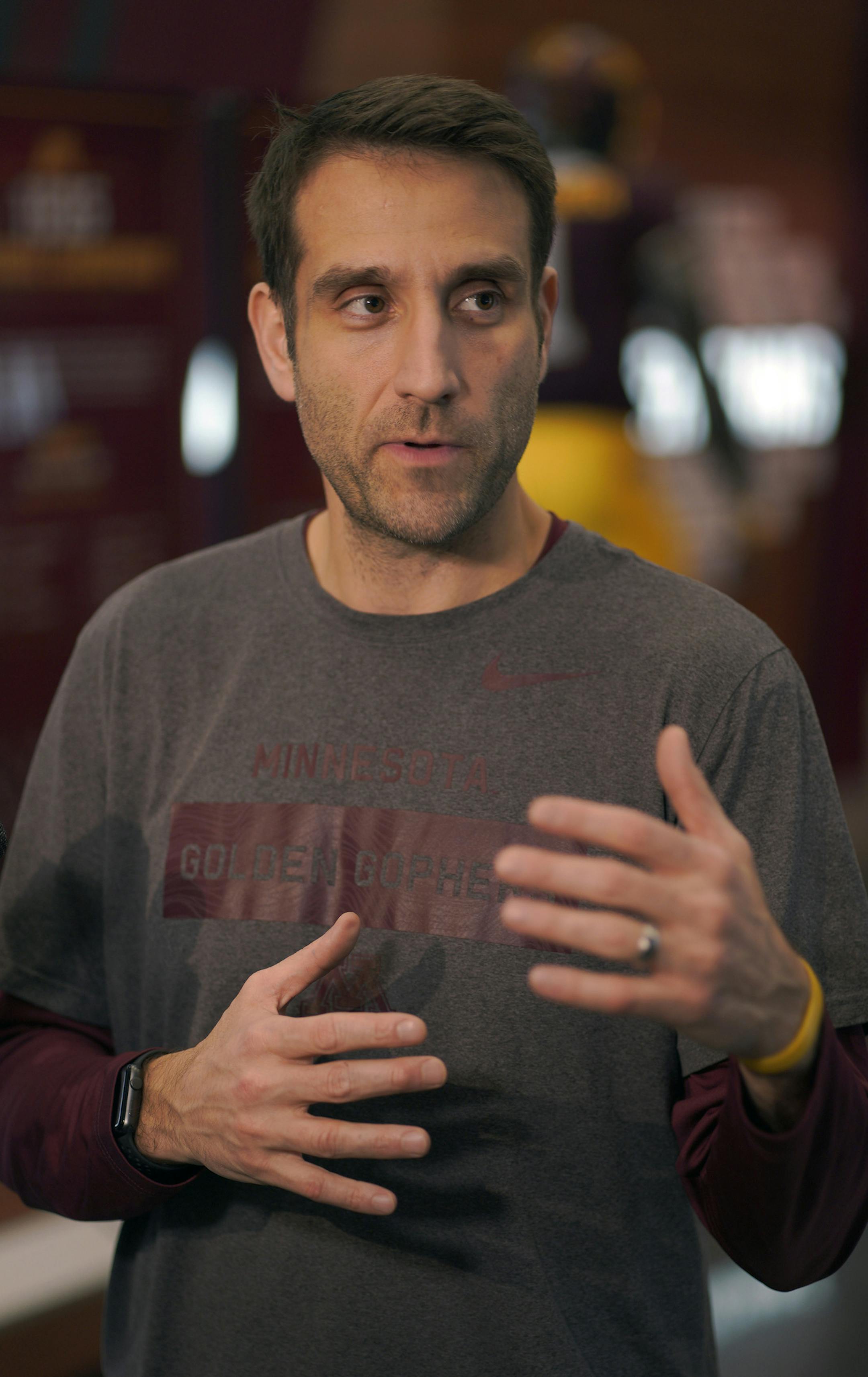 Joe Rossi, the Gophers new defensive coordinator, talking with reporters after practice Thursday morning at the Larson Performance Center at the U's Athletes Village. ] BRIAN PETERSON &#xa5; brian.peterson@startribune.com
Minneapolis, MN 12/20/2018