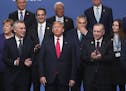 NATO leaders from front left, German Chancellor Angela Merkel, NATO Secretary General Jens Stoltenberg, U.S. President Donald Trump, Hungarian Prime M
