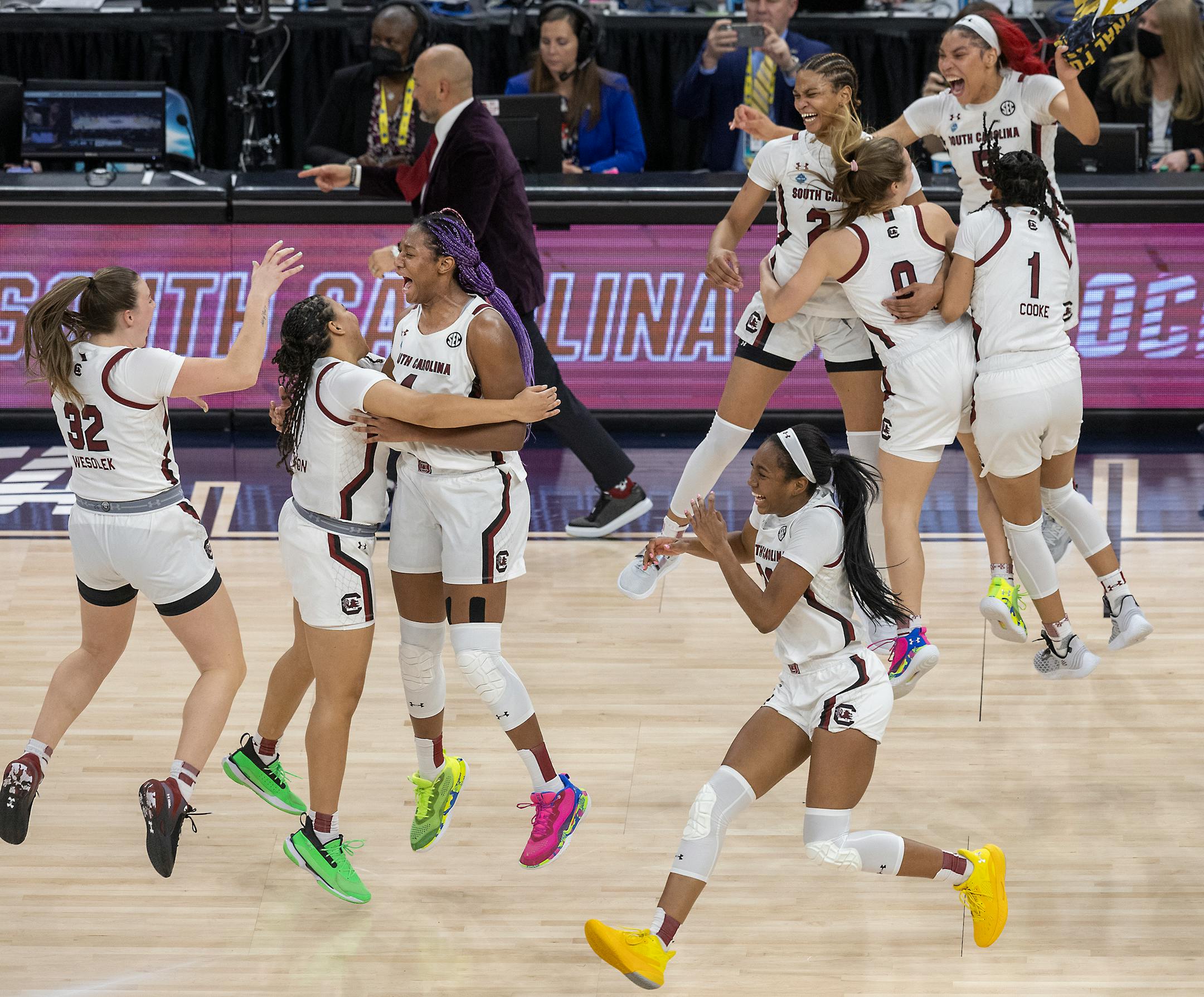 The South Carolina team celebrated their 64-49 win over UConn.