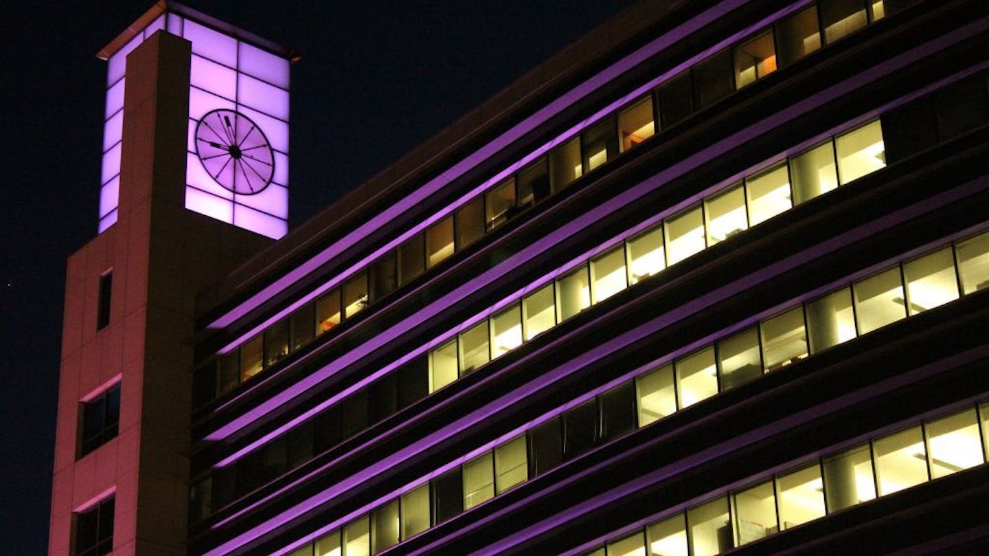 Here are two shots of the Mpls Fed clocktower with the purple illumination in honor of Prince.My boss, David Wargin told Evan we'd send these over. Credit should read - Courtesy of the Federal Reserve Bank of Minneapolis.