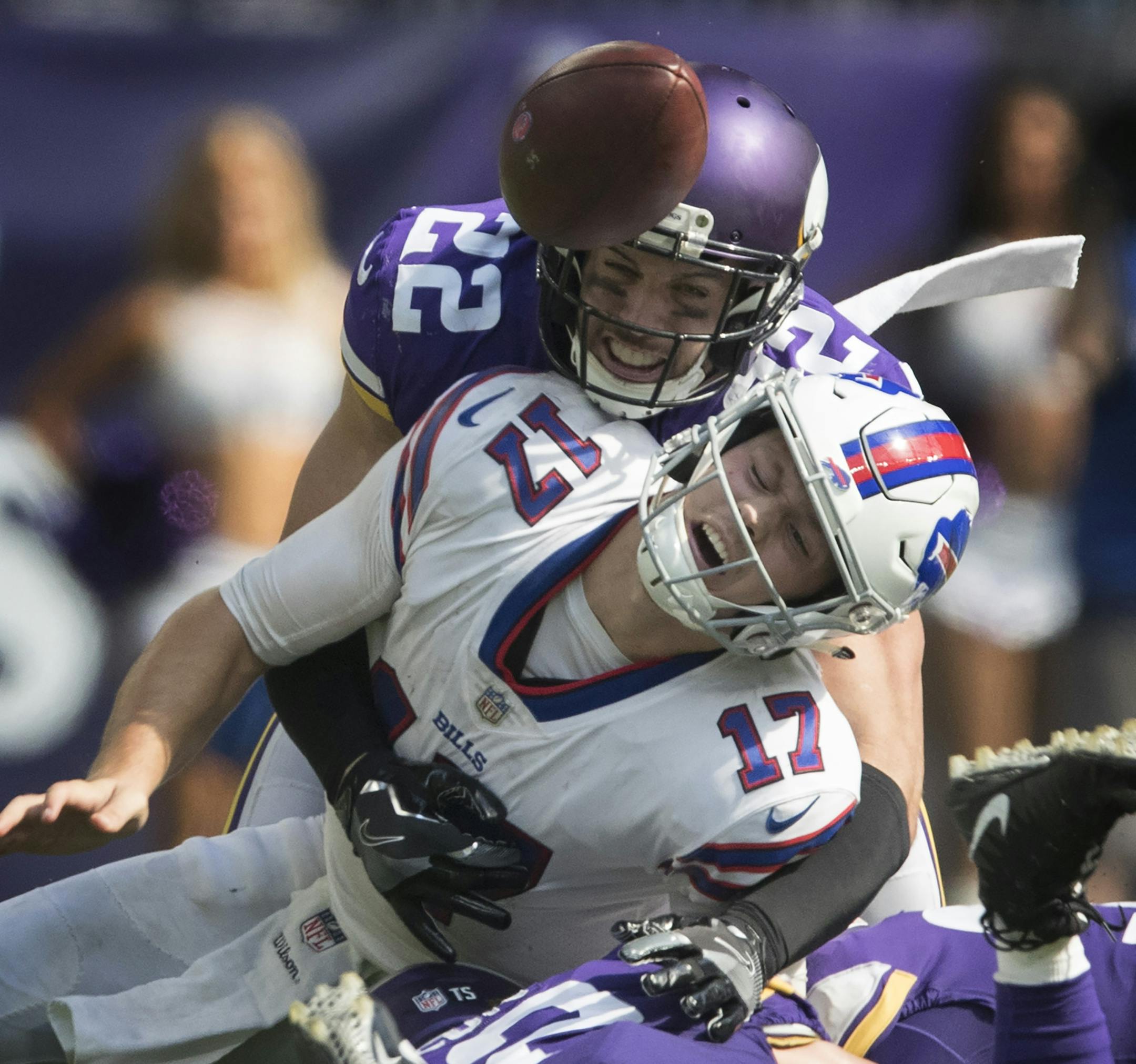Buffalo Bills quarterback Josh Allen (17) fumbled the football after being hit by Minnesota Vikings defensive back Harrison Smith (22) in the third quarter, Bills recovered the ball at US Bank Stadium Sunday September 23, 2018 in Minneapolis, MN. ] JERRY HOLT • jerry.holt@startribune.com