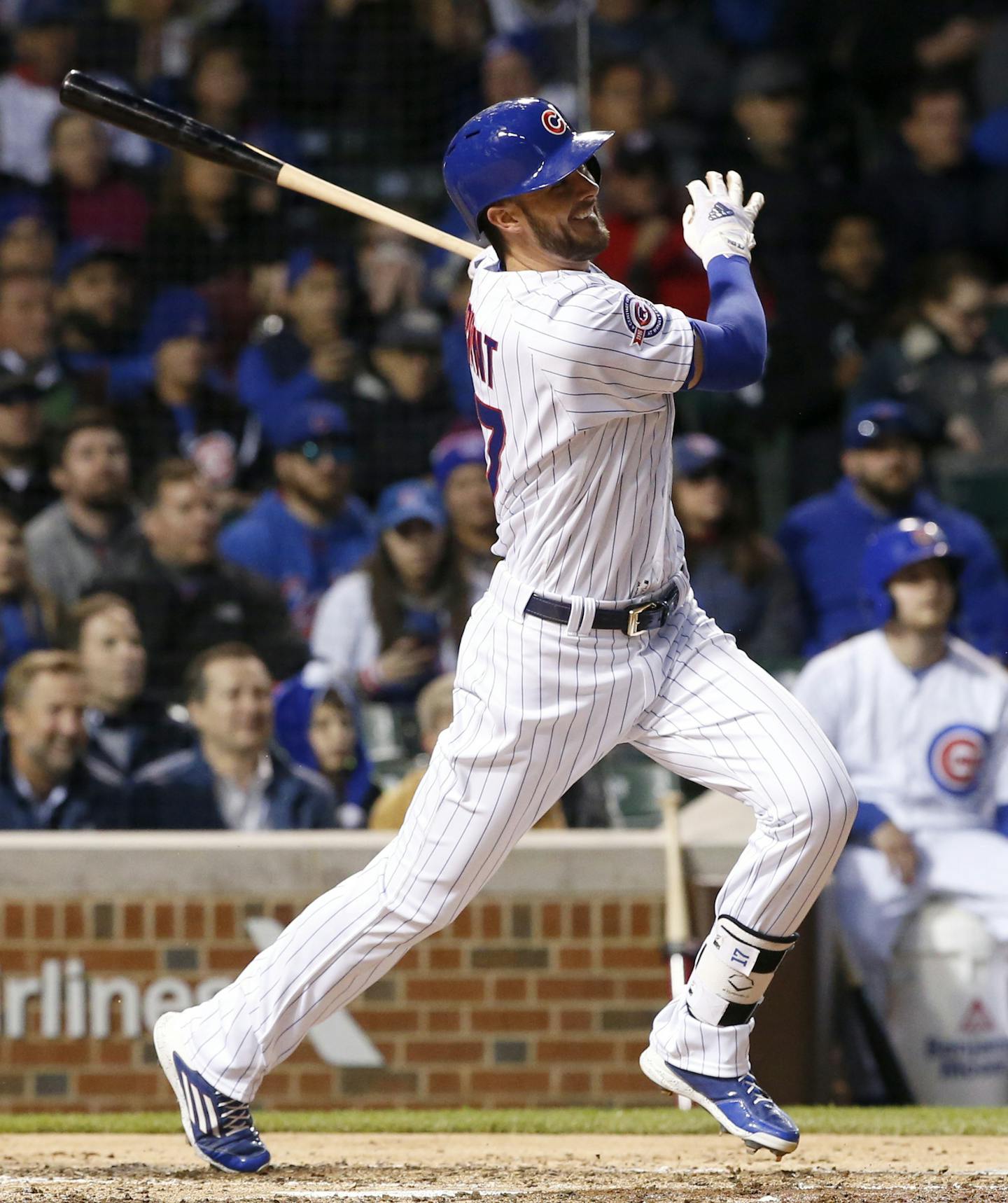 Chicago Cubs' Kris Bryant hits a ground-rule double against the Washington Nationals during the fourth inning of a baseball game Thursday, May 5, 2016, in Chicago. (AP Photo/Nam Y. Huh) ORG XMIT: CXC109