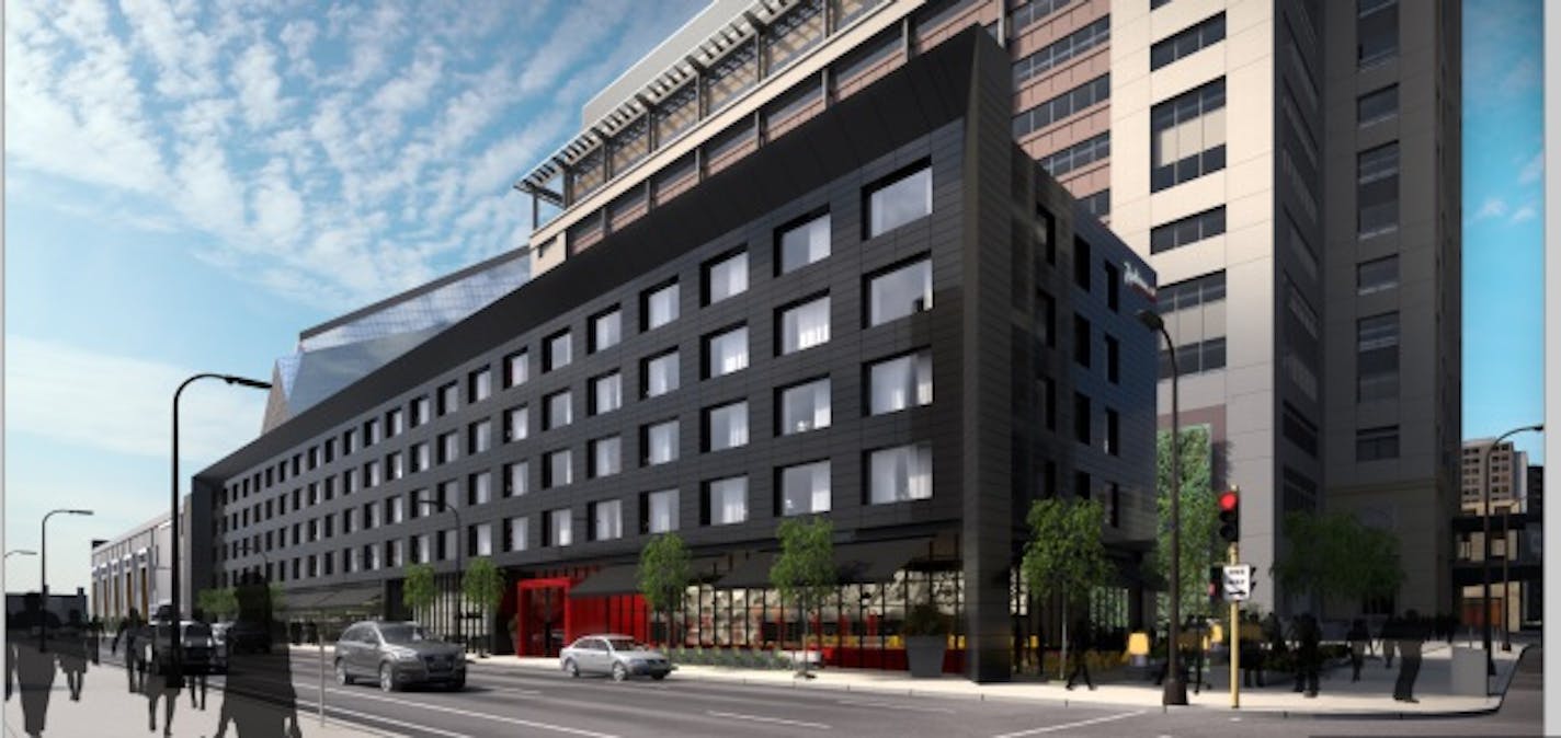 Design renderings for the new Radisson Red hotel being proposed by Ryan Companies. (submitted to the City of Minneapolis)