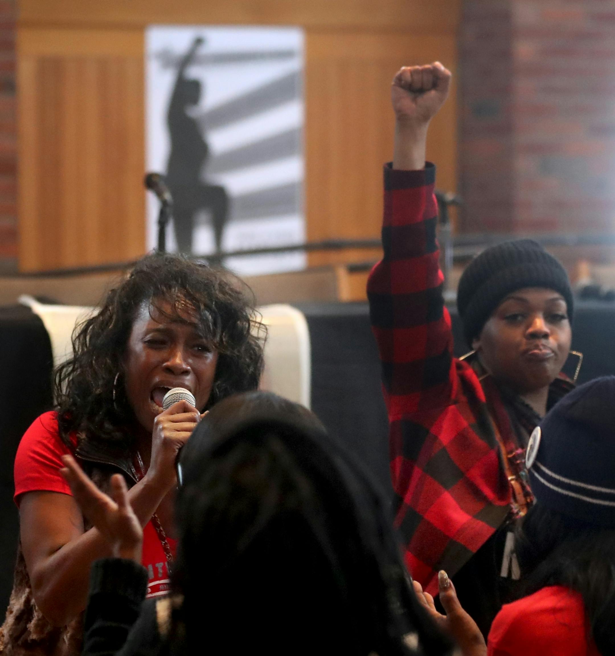 Take A Knee Nation, a two-day conference discussing Colin Kaepernick's protest against police brutality, kicked off Saturday, Feb. 3, 2018, at Augsburg University in Minneapolis, MN. Here, Chantel Brooks, who came to the conference from Chicago, asks for help in getting justice for her son Michael Wesley, who was killed by police officers in 2013. "I'm begging, please help," Brooks cried out.