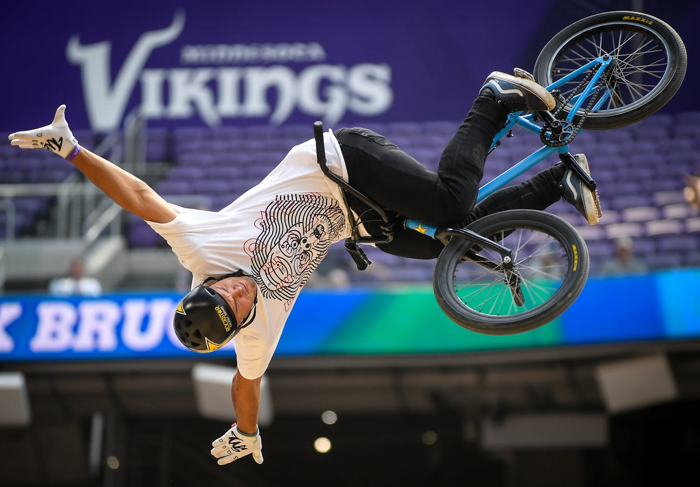 Nick Bruce went airborne during his third and final run in the BMX dirt finals Sunday. ] AARON LAVINSKY &#xef; aaron.lavinsky@startribune.com The X Games were held Sunday, July 16, 2017 at US Bank Stadium in Minneapolis, Minn.