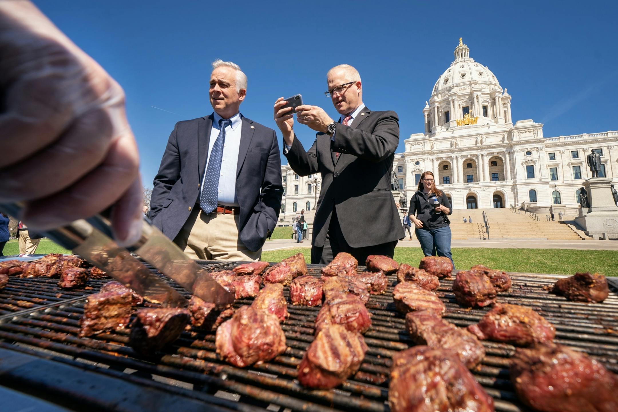 Reps Tony Albright, R-Prior Lake and Jim Nash, R-Waconia, stopped by the annual Minnesota Beef Council's Steak on a Stick event. They grilled and distributed 550 4-oz beef tenderloins.