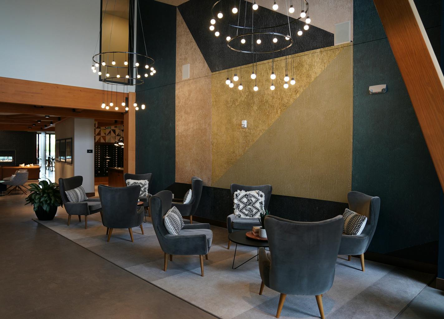 Individual and small group seating spaces filled the common area at The Loden. ] ANTHONY SOUFFLE &#x2022; anthony.souffle@startribune.com Life at The Loden, a new apartment complex with high end amenities that filled up in three months, Thursday, May 23, 2019 in Shoreview, Minn. The city used a PUD to get around existing suburban rules and build to meet market demand.