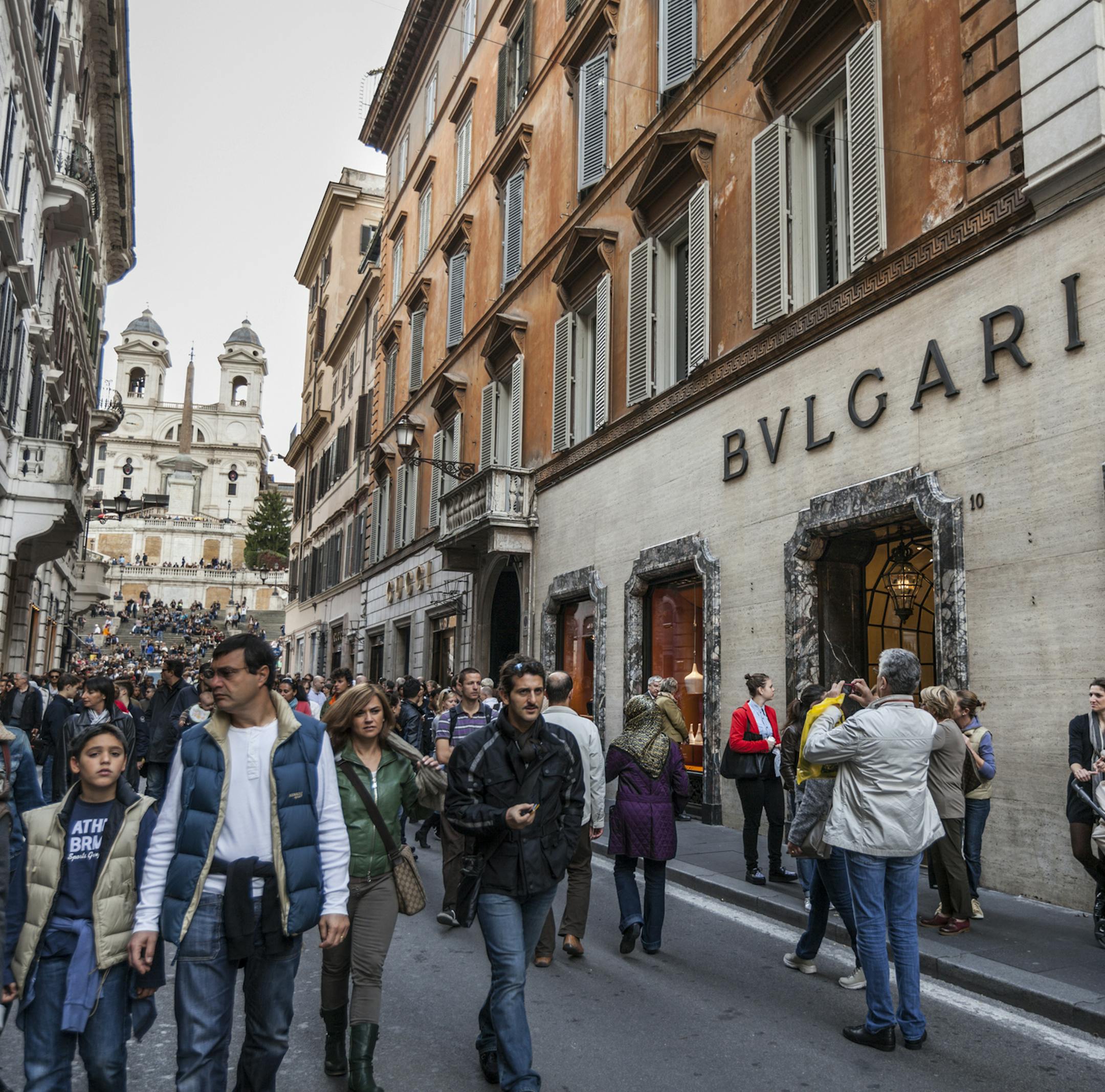 Rome, Italy - November 3, 2012: Bulgari store in Via dei Condotti, Rome . This fashion shopping central part of Rome is always full of people watching shops windows and then spending time in the near Piazza di Spagna. istock photo