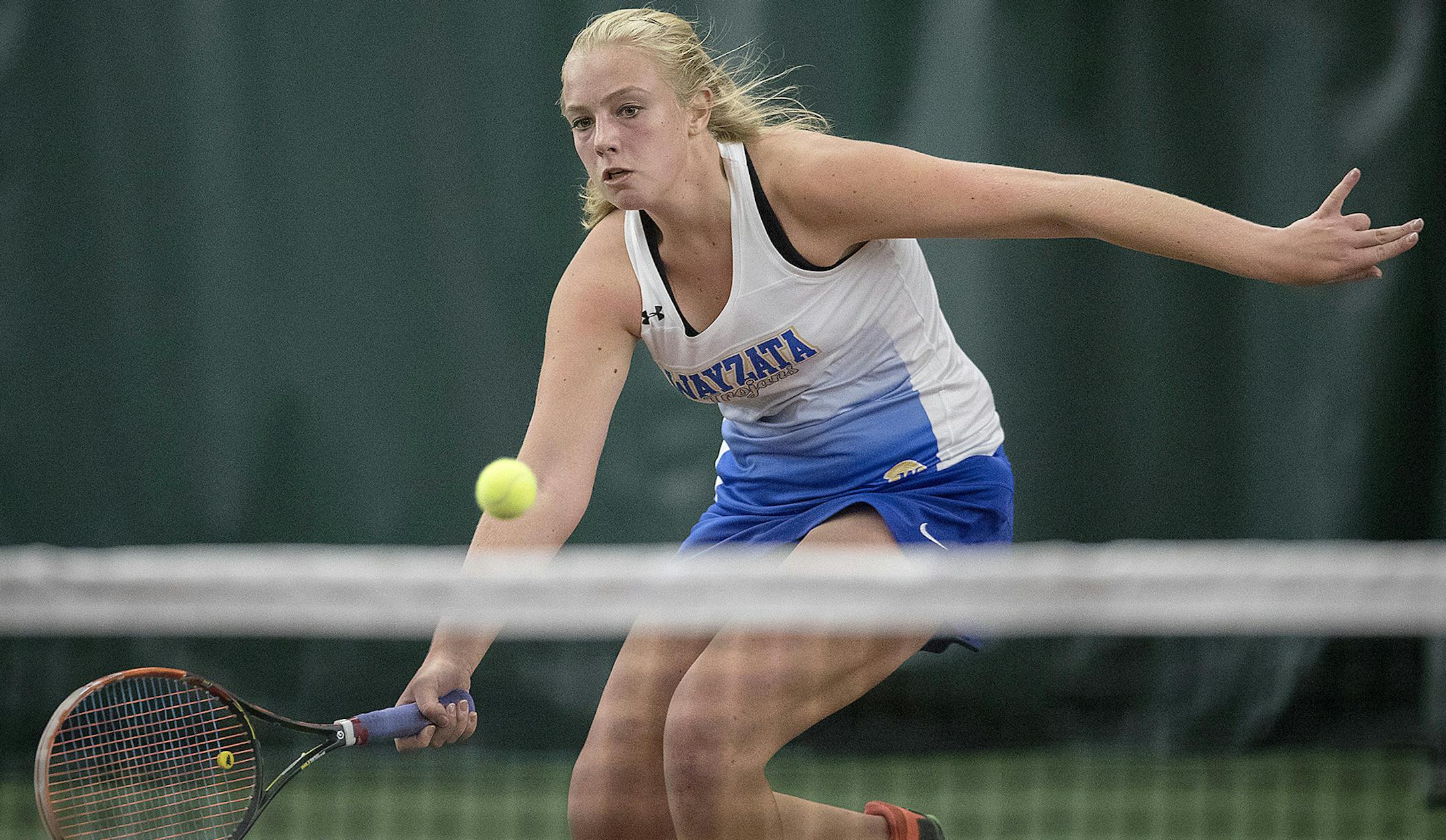 Wayzata's Samantha Stephenson took on Rochester Mayo's Emma Trncic during a match of the state tennis preliminary at the U of M Baseline Tennis Center, Tuesday, October 24, 2017. Stephenson defeated Trncic 6-1, 6-2. ] ELIZABETH FLORES ï liz.flores@startribune.com