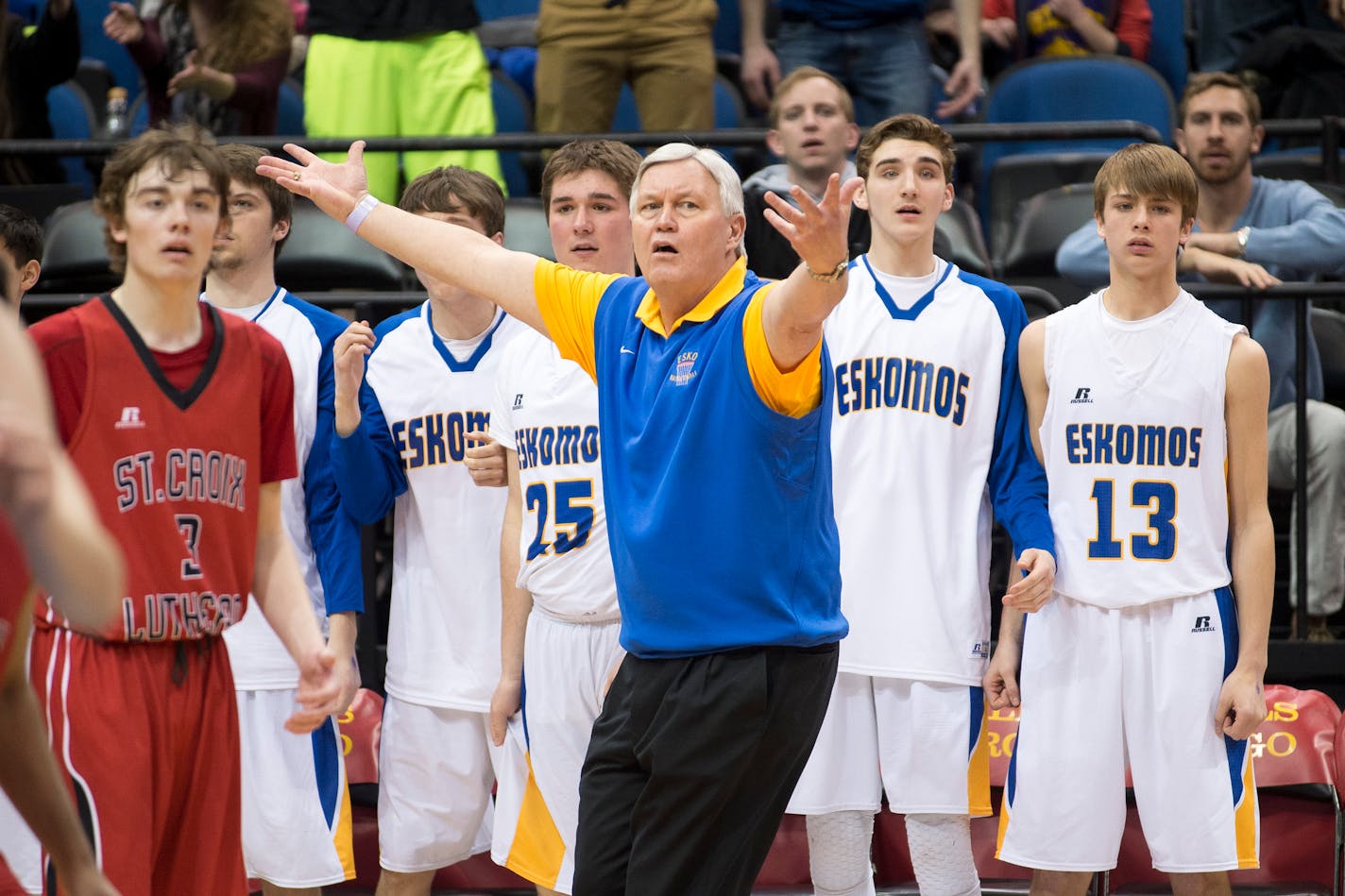 Esko head coach Mike Devney gestured to the referees after he thought one of his players was fouled in the final seconds of Wednesday night's game quarterfinal game against St. Croix Lutheran. ] (Aaron Lavinsky | StarTribune) Esko plays St. Croix Lutheran in the Class 2A boys' basketball quarterfinals on Wednesday, March 11, 2015 at Target Center.