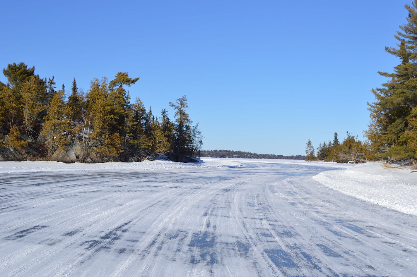 A plowed ice road on Rainy Lake inside Voyageurs National Park. A preliminary proposal would limit non-snowmobiles from traveling beyond the park's ice road corridors.