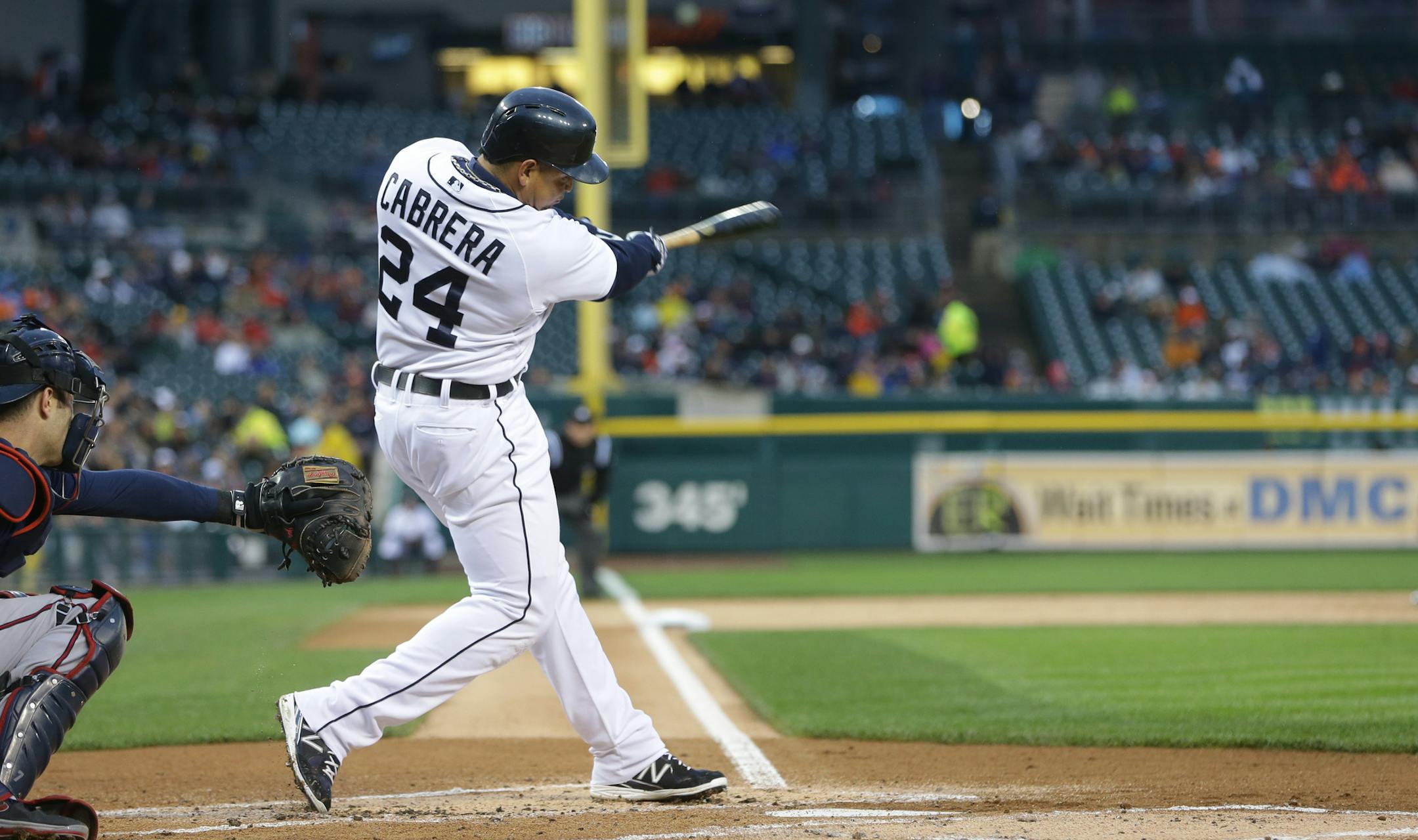 Detroit Tigers' Miguel Cabrera hits a two-run home run during the first inning of a baseball game against the Minnesota Twins in Detroit, Thursday, May 23, 2013. (AP Photo/Carlos Osorio)