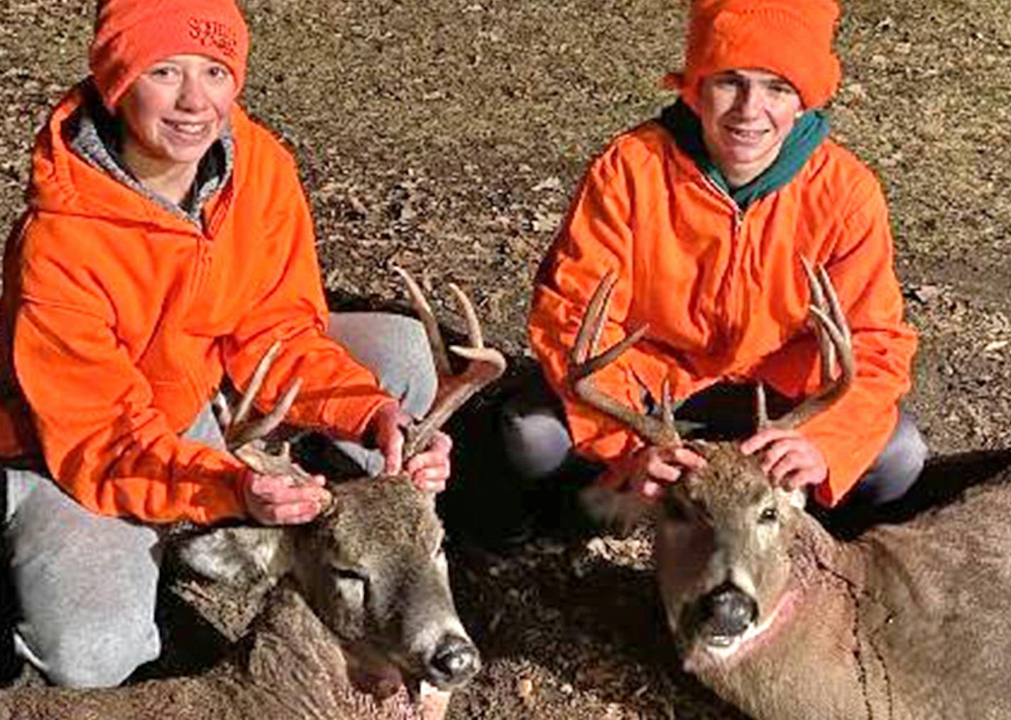 tales from the hunt Trey Mertens, left, and Mack Mertens are 13-year-old cousins from Roseau. On opening day of the statewide firearms season each shot an 8-point buck, one hour apart, on their grandparents' land near Roseau. On the same land over MEA weekend, Trey's brother Ty, 11, also shot a buck on Grandma and Grandpa's land.