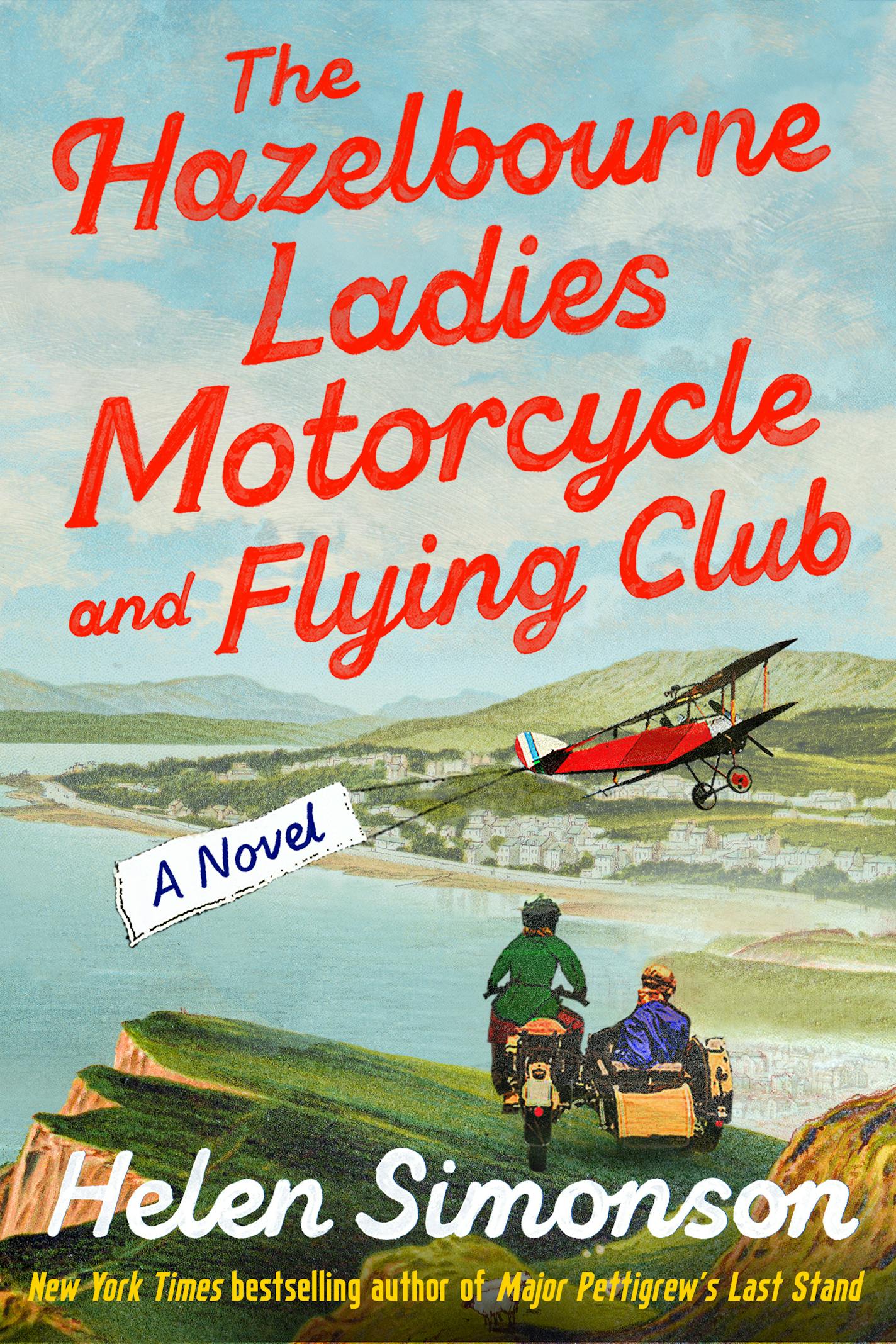 cover of "The Hazelbourne Ladies Motorcycle and Flying Club" is a painting of a cliff, a sea and someone driving an old-fashioned motorcycle with someone in their sidecar