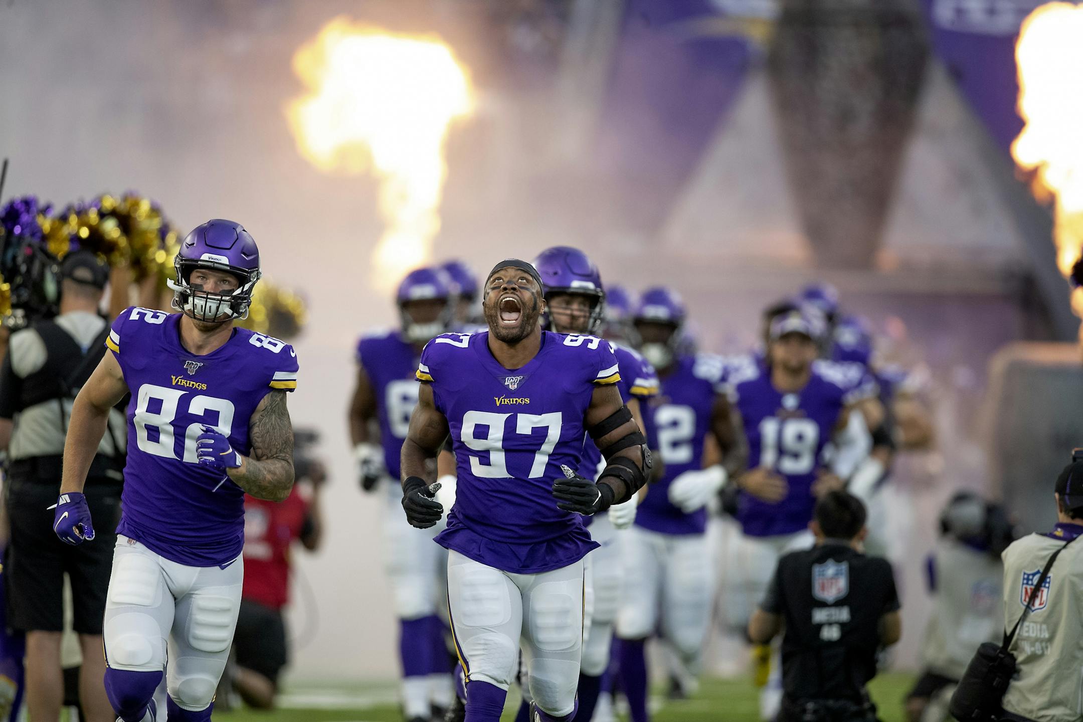 Vikings defensive end Everson Griffen led the team into the field before the pre-season matchup between the Minnesota Vikings and the Seattle Seahawks at US Bank Stadium, Sunday, August 18, 2019 in Minneapolis, MN.