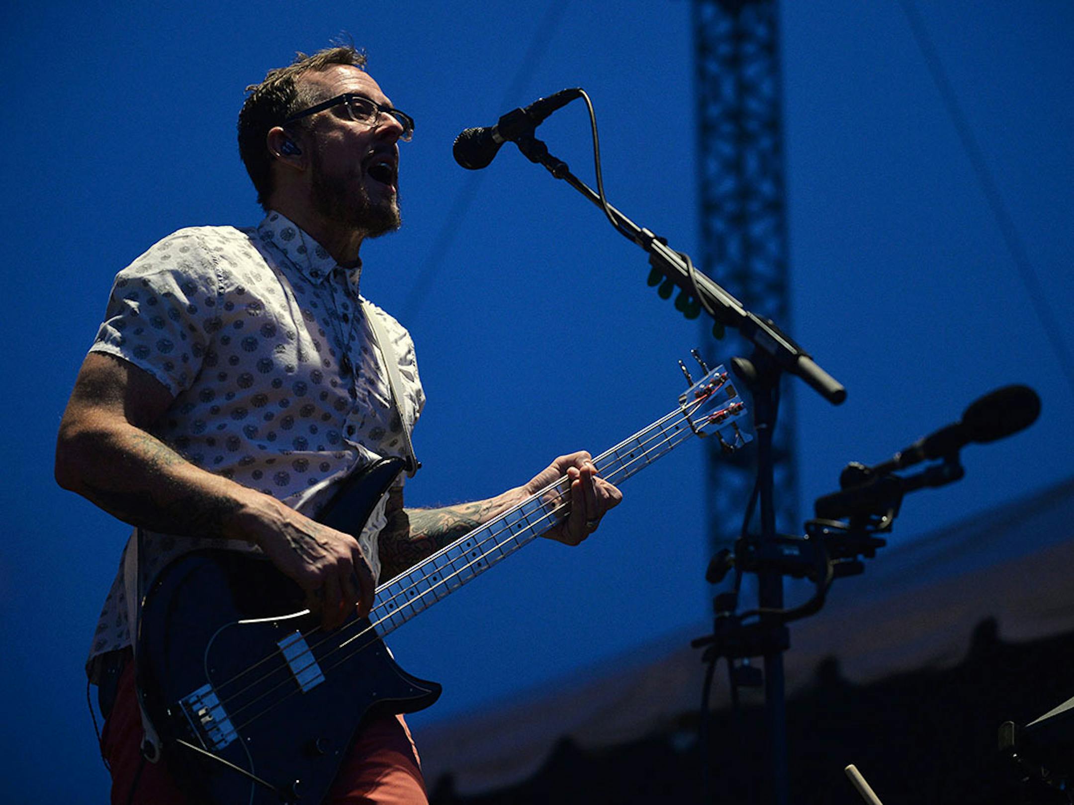 Scott Shriner of Weezer played the bass in Minneapolis, Minn., during The Basilica Block Party on Friday July 10, 2015. The Block Party features food vendors and performers such as Weezer and Wilco. The Block Party�s proceeds benefit the Basilica Landmark and The Basilica�s St. Vincent de Paul outreach program.