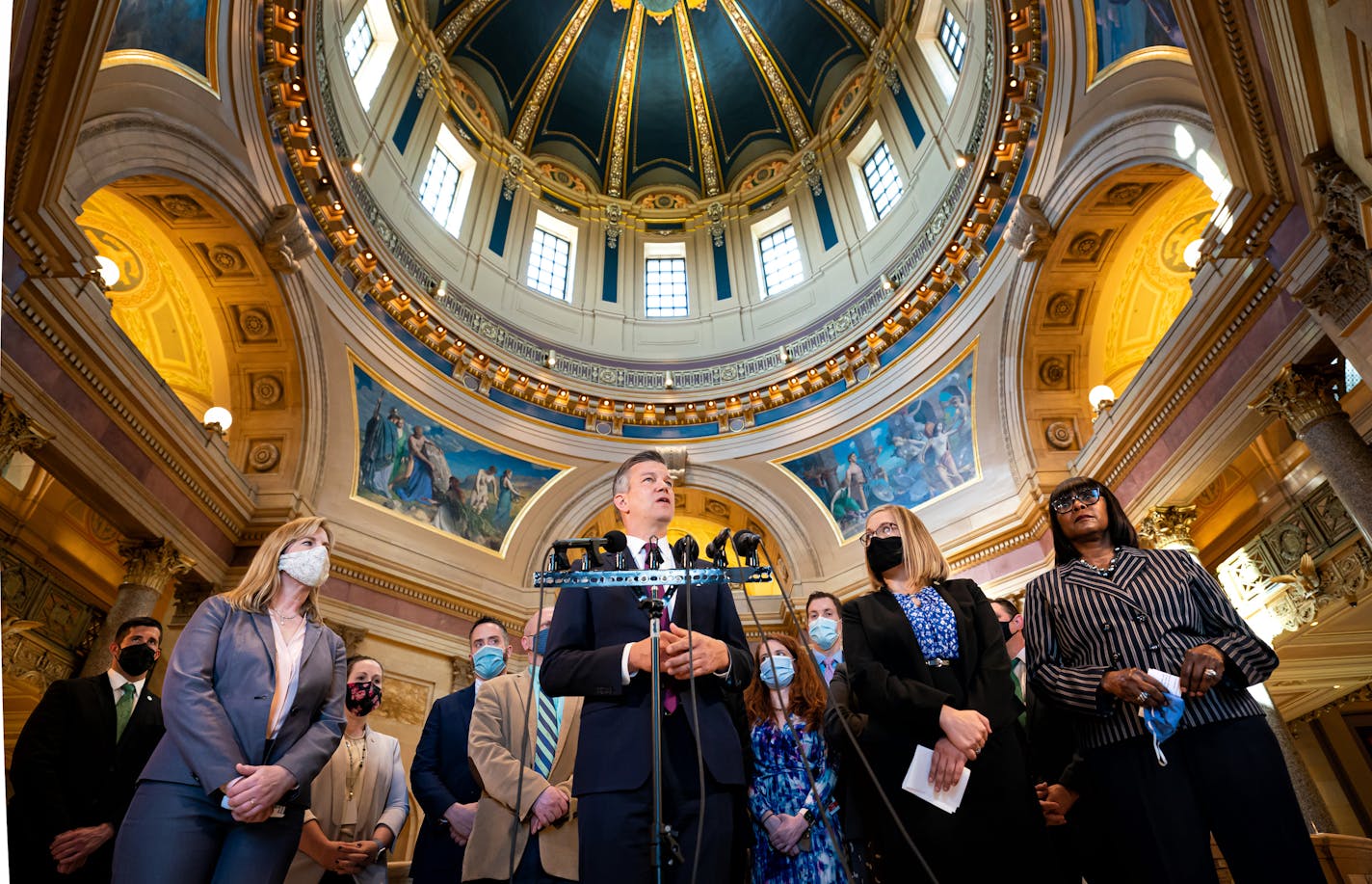 DFL legislators spoke about House File 600 which would legalize cannabis and expunge non-violent cannabis convictions. They planned to pass the bill tonight. In the front row are House Speaker Melissa Hortman, DFL-Brooklyn Park, House Majority Leader Ryan Winkler, DFL-Golden Valley, Rep. Rena Moran, DFL-St. Paul and Rep. Jessica Hanson, DFL-Burnsville.