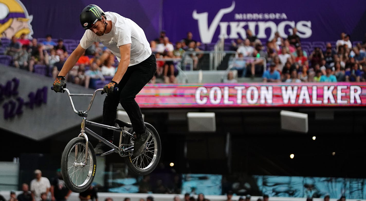 Colton Walker competed in the Fruit of the Loom BMX Dirt Final Saturday. ] ANTHONY SOUFFLE &#xef; anthony.souffle@startribune.com Athletes competed in the last day of the XGames Saturday, July 21, 2018 at U.S. Bank Stadium in Minneapolis.