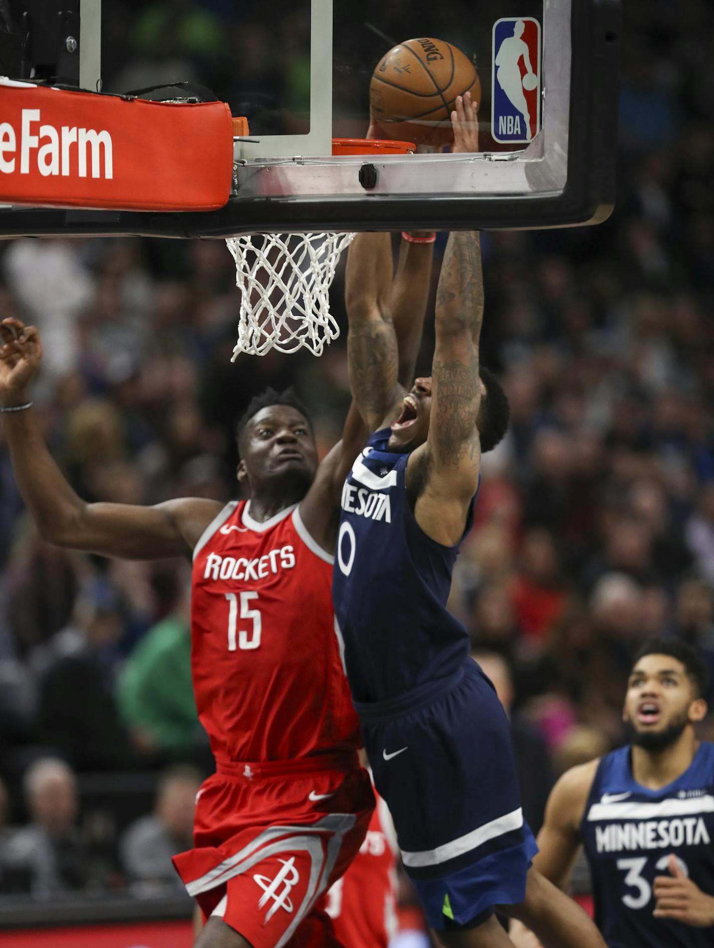 Minnesota Timberwolves guard Jeff Teague was fouled by Houston Rockets center Clint Capela as he tried to dunk in the fourth quarter. Teague led the Wolves with 23 points. ] JEFF WHEELER &#xef; jeff.wheeler@startribune.com The Minnesota Timberwolves lost to the Houston Rockets 129-120 in an NBA basketball game Sunday night, March 18, 2018 at Target Center in Minneapolis.