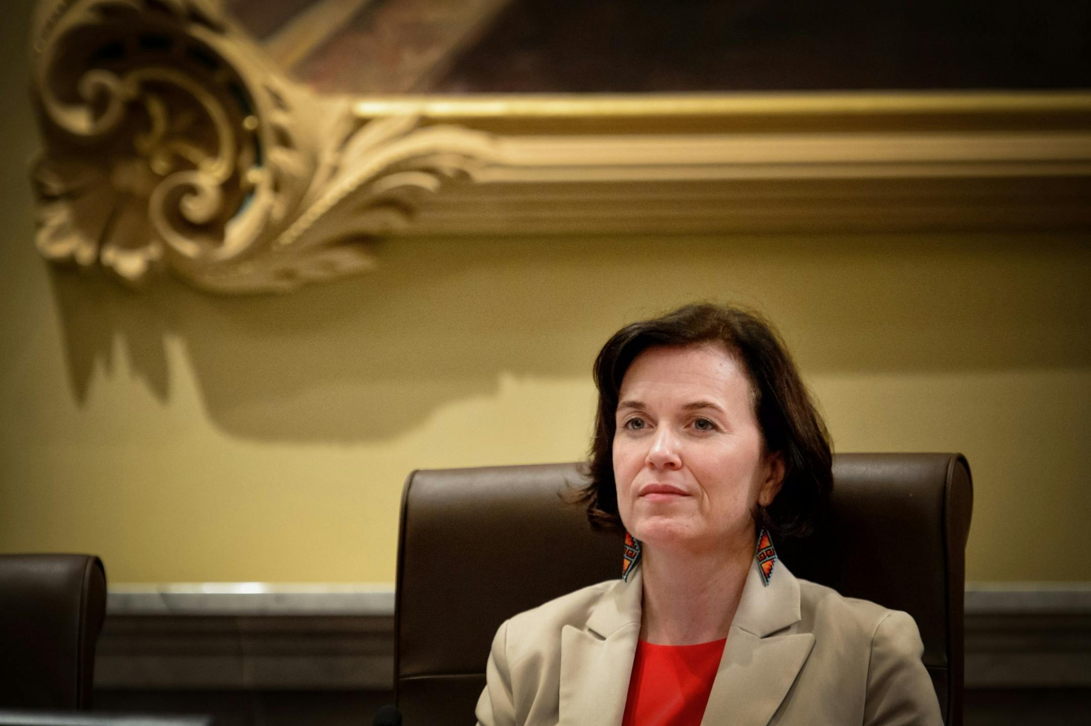 Mayor Betsy Hodges listened to the voting. The Minneapolis City Council voted 10 to 3 to approve the Southwest light rail project.