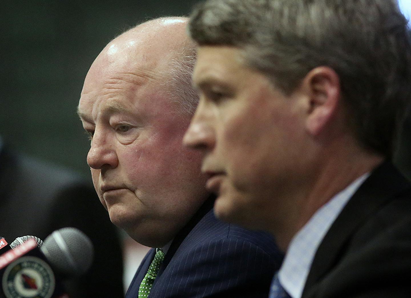 Minnesota Wild general manager Chuck Fletcher (right) introduced the team's new head coach, Bruce Boudreau, during a news conference at Xcel Energy Center.