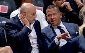 Minnesota Timberwolves minority owners Marc Lore and Alex Rodriguez at Target Center Nov. 4, 2024. The soon-to-be majority owners of the Wolves and Ly