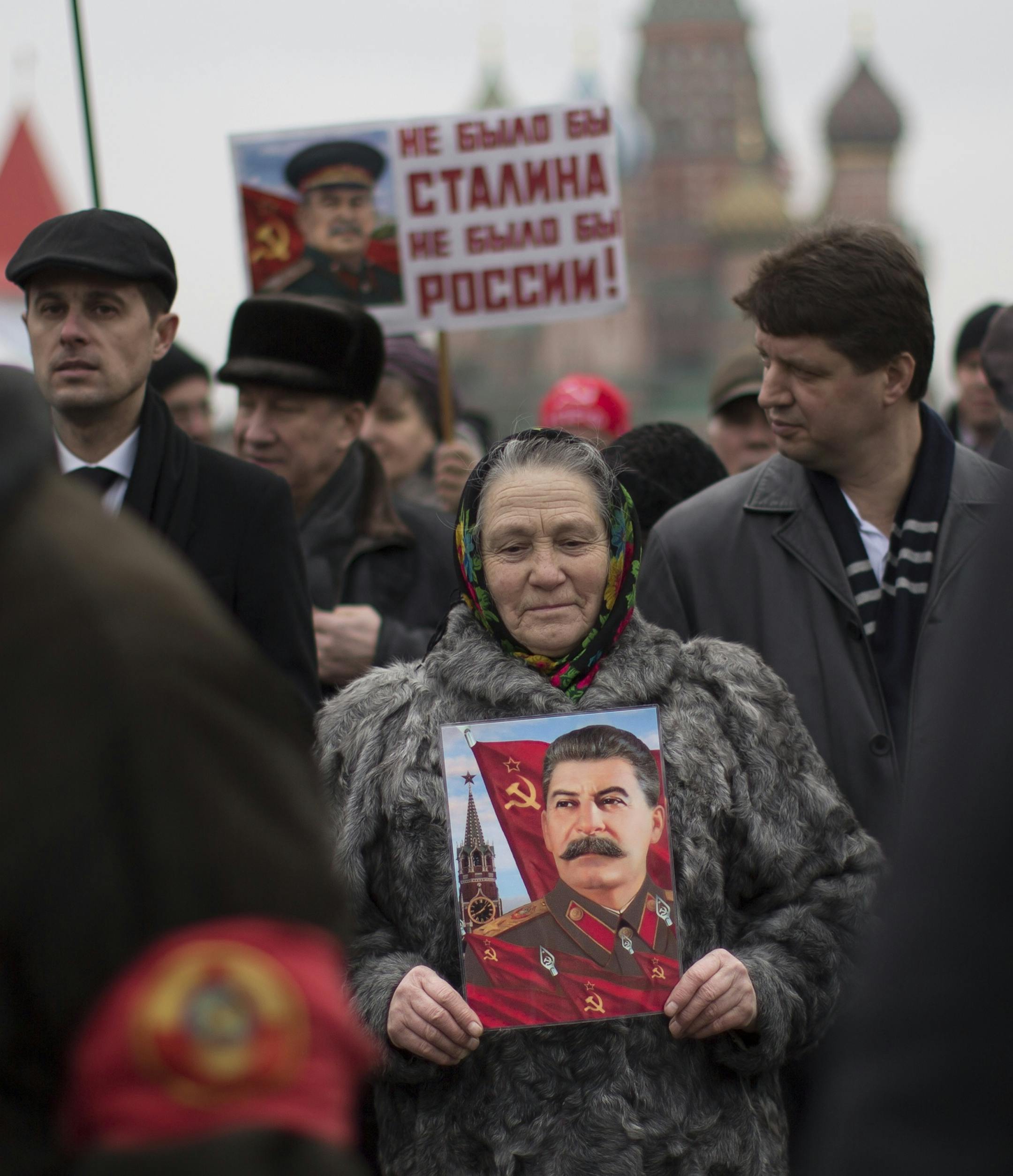 Communist Party supporters gathered in Moscow in March. The sign reads, “Without Stalin there could not be Russia.”