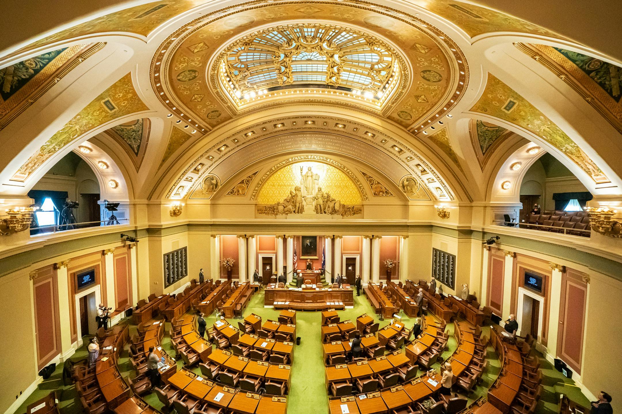 With most legislators working remotely, members present on the House floor stood for the Pledge of Allegiance at the start of the fifth special session of the year. ] GLEN STUBBE • glen.stubbe@startribune.com Monday, October 12, 2020 Coverage of fifth special session of the Legislature to review Walz's emergency COVID powers