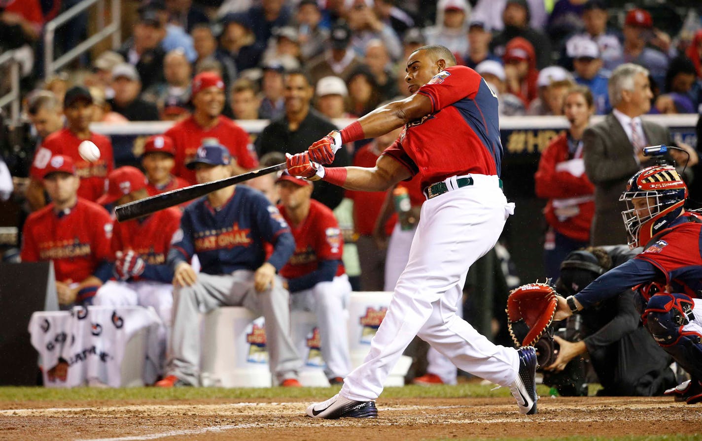 American League, Yoenis Cespedes OAK, hits during Monday home run derby at Target Field Monday July 14, 2014 in Minneapolis, MN. ] CARLOS GONZALEZ cgonzalez@startribune.com - July 14, 2014 , Minneapolis, Minn., Target Field, All Star Home Run Derby