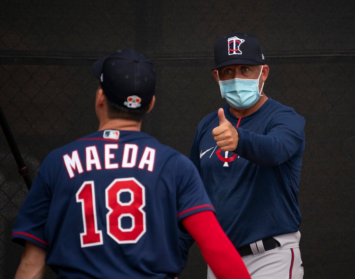 Minnesota Twins pitching coach Wes Johnson gave a thumbs up to pitcher Kenta Maeda after watching him throw in the bullpen Wednesday afternoon. ] JEFF