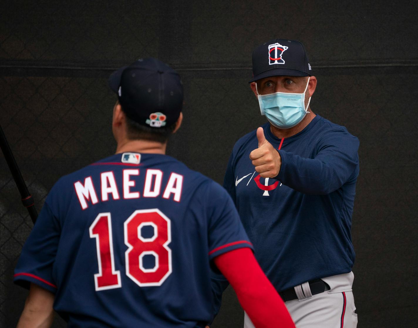 Minnesota Twins pitching coach Wes Johnson gave a thumbs up to pitcher Kenta Maeda after watching him throw in the bullpen Wednesday afternoon. ] JEFF WHEELER • jeff.wheeler@startribune.com