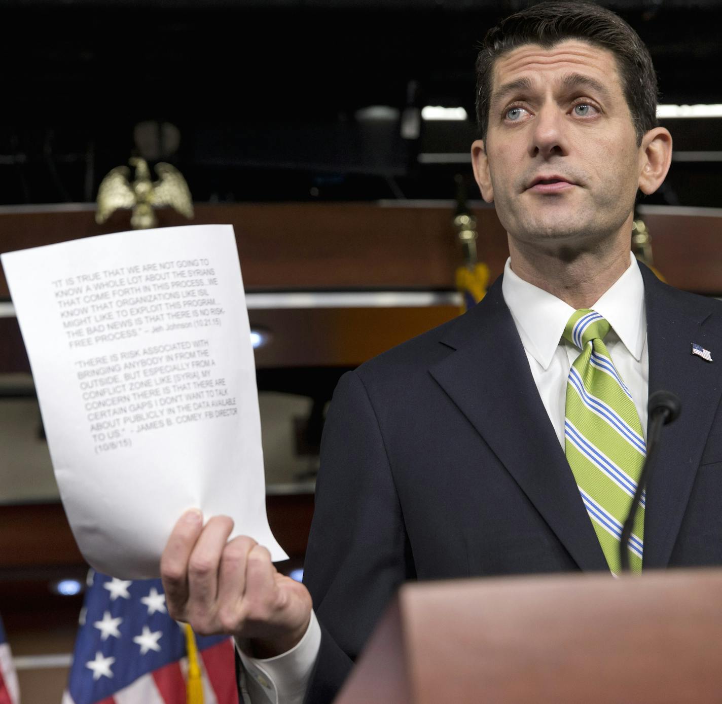 House Speaker Paul Ryan of Wis. quotes testimony from Homeland Security Secretary Jeh Johnson and FBI Director James Comey, during a news briefing on Capitol Hill in Washington, Thursday, Nov. 19, 2015, where he spoke about refugees, Syria, and immigration. (AP Photo/Jacquelyn Martin)