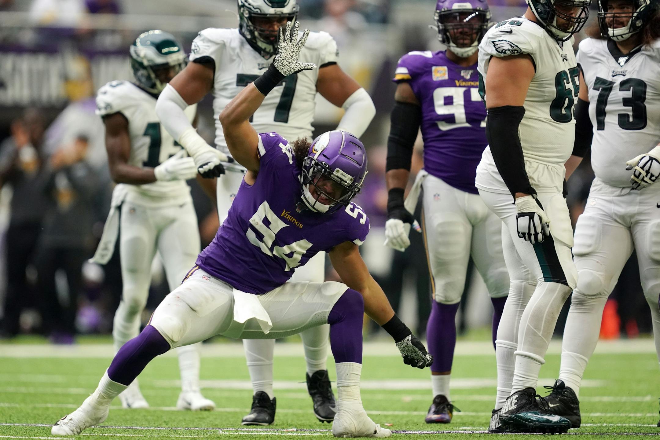 Minnesota Vikings middle linebacker Eric Kendricks (54) celebrated after he brought down Philadelphia Eagles running back Jordan Howard (24) in the third quarter.